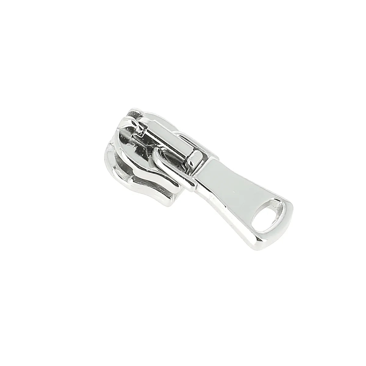 Curseur autobloquant en finition nickelée pour fermeture éclair au mètre. Curseur nickelé 4 mm