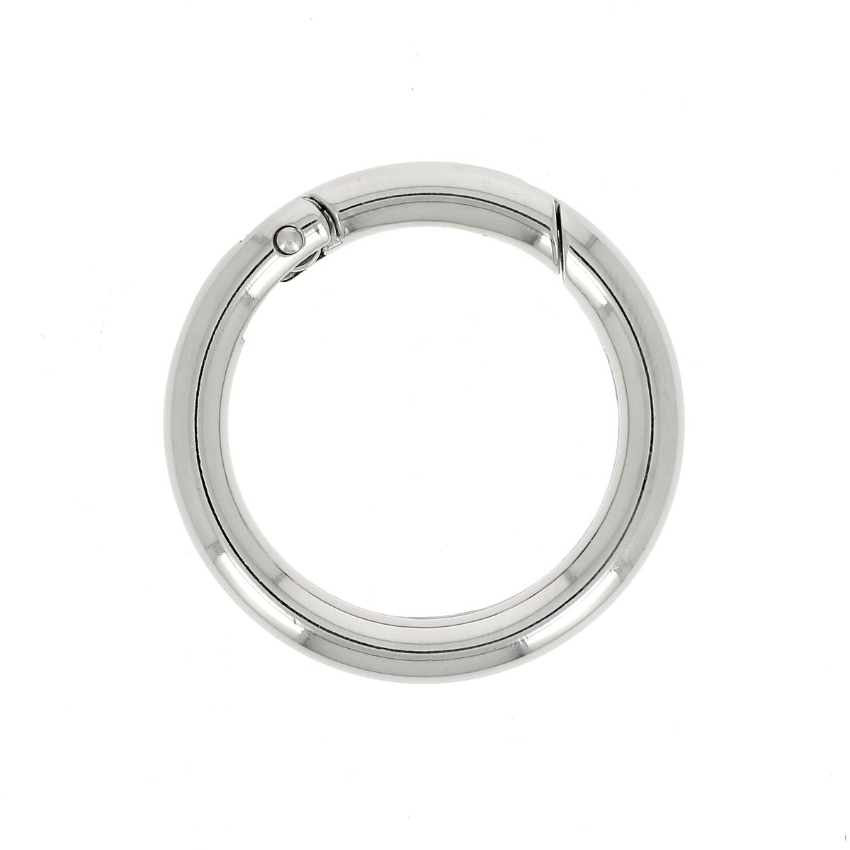Mousqueton rond nickelé de bouclerie, fabriqué en Italie, avec boucle en métal robuste et finition brillante, pour fixation ou attaches.