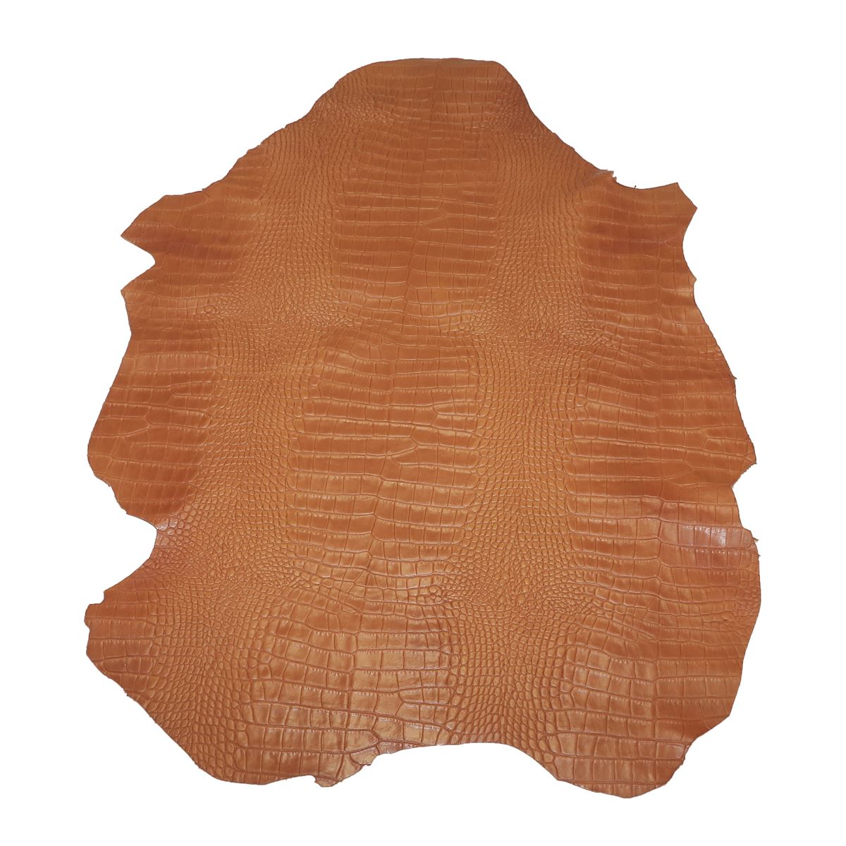 Peau de cuir de basane imitation crocodile de couleur cognac, authentique, pour projets de maroquinerie ou décoration.