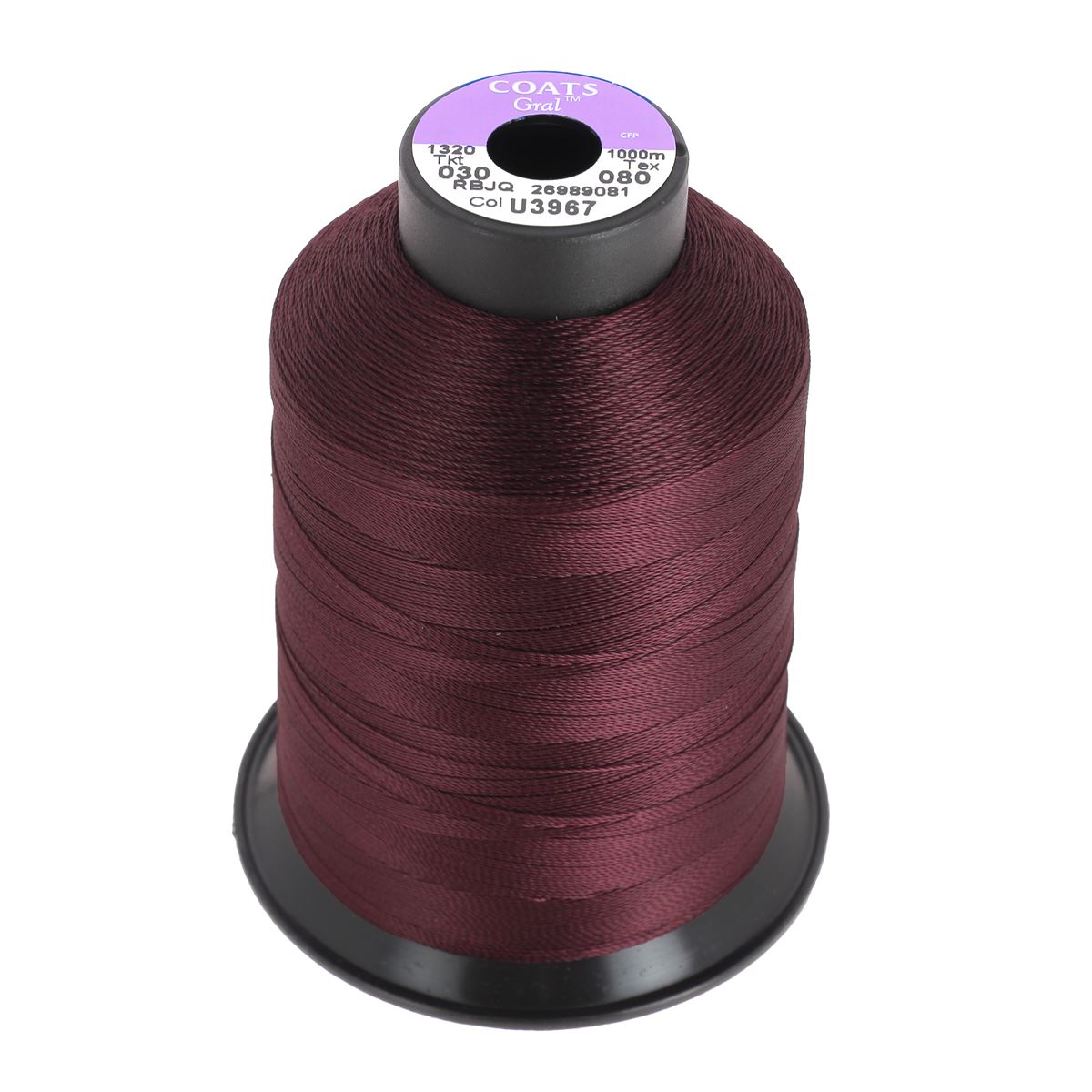 Bobine de fil polyester GRAL N°30 de la marque Coats, 1000m en prune, adaptée à la mercerie.