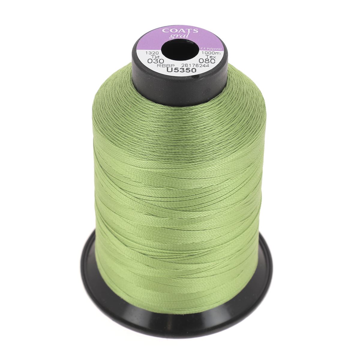 Bobine de fil polyester vert olive GRAL N°30 Coats, 1000m, mercerie, vue de la bobine en image.