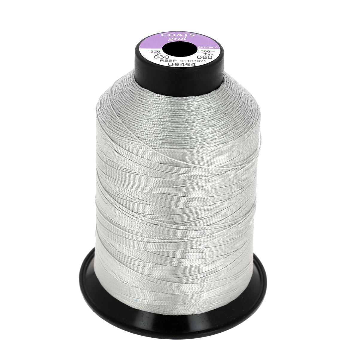 Bobine de fil polyester gris perle GRAL N°30 de 1000m, marque Coats, pour couture et mercerie.