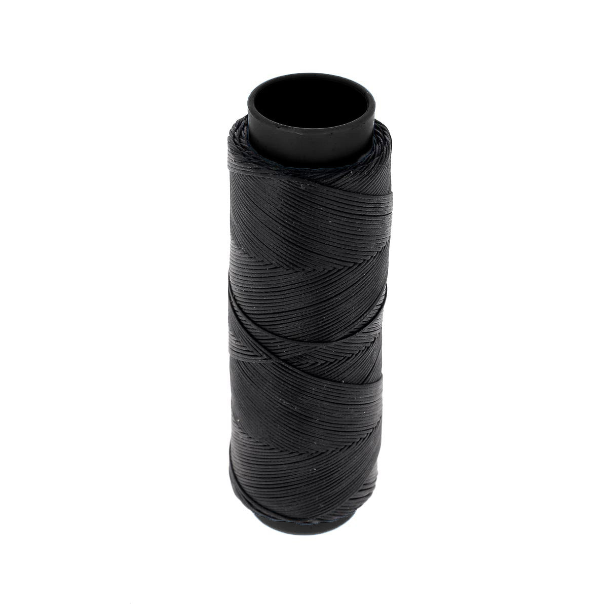 Bobine de 100m de fil polyester tressé et ciré de 0,6mm en noir, produit de mercerie pour couture ou bricolage.