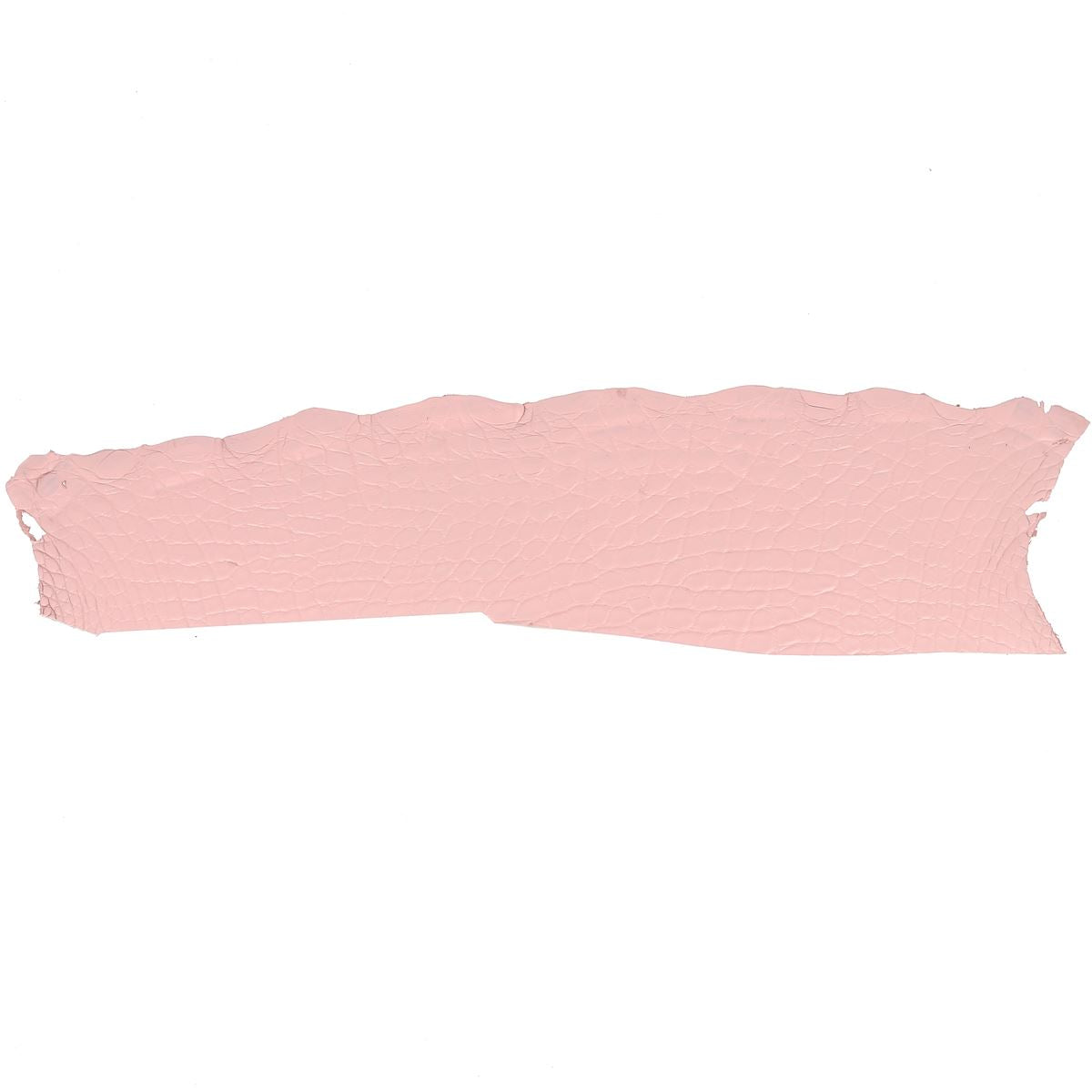 Morceaux de cuir d'alligator rose, flanc en cuir mat, pour création artisanale ou couture, visible en gros plan dans l'image.