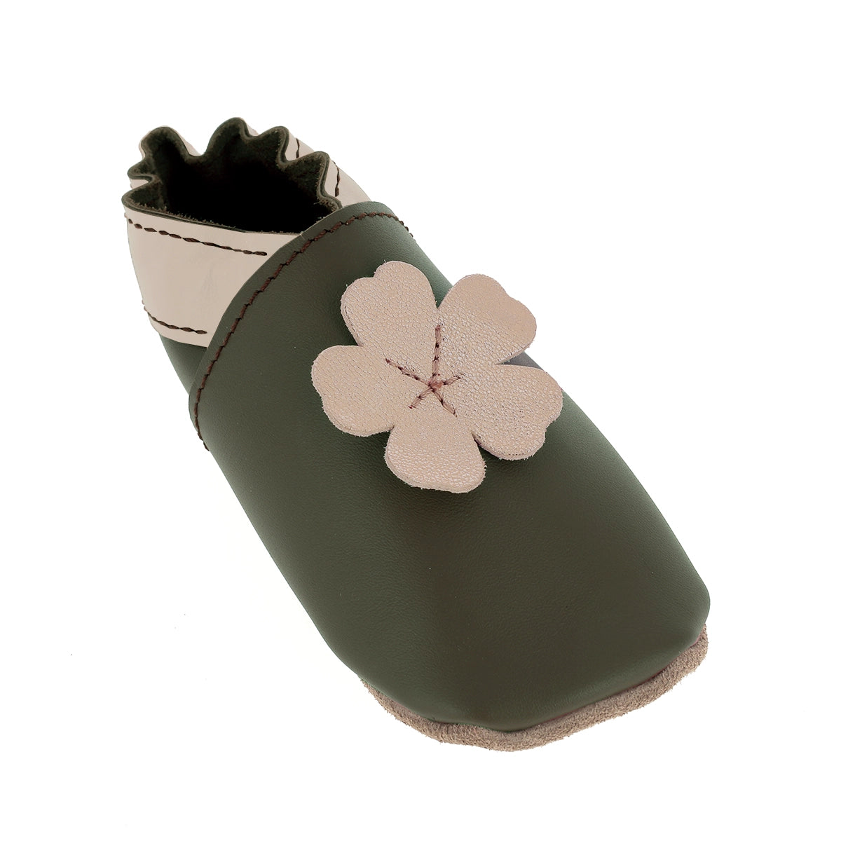 Chaussons en cuir vert kaki pour bébé. Chaussure ergonomique pour nouveau-nés à monter soi-même