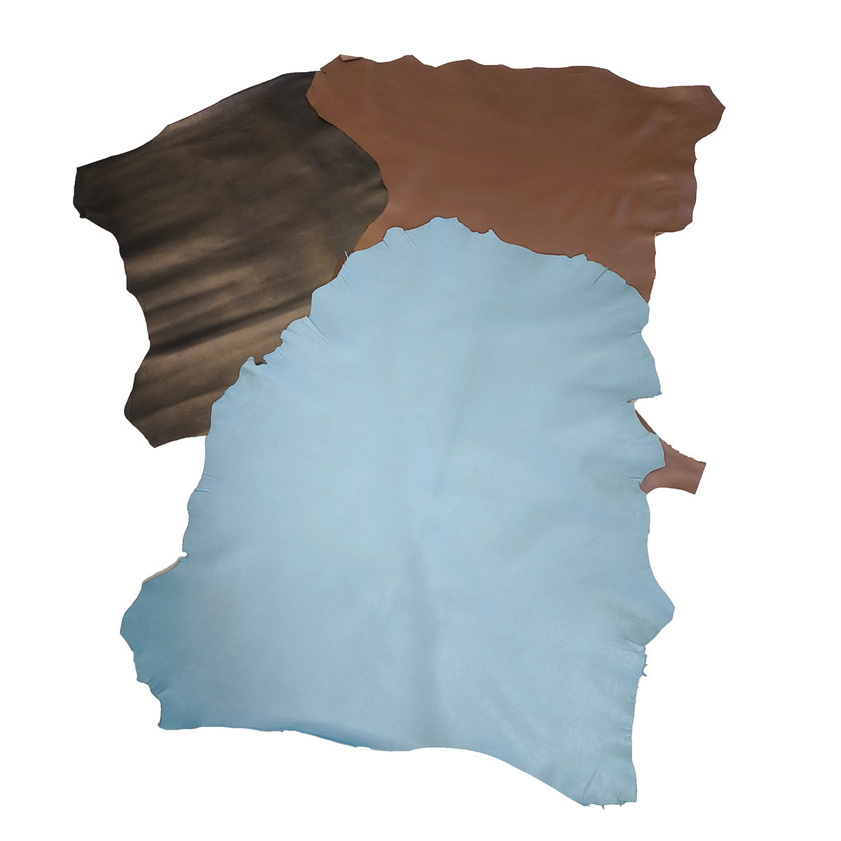 Lot de 3 peaux d'agneau nappa Deco Cuir en bronze, bleu ciel et marron, cuir souple et doux, pour décoration ou artisanat.