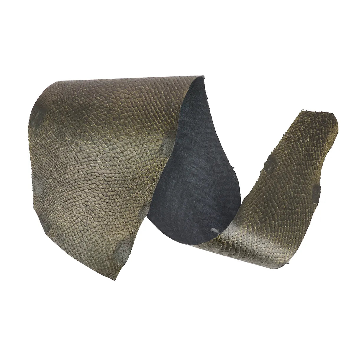 Cuir de saumon doré noir de la gamme Squama by Ictyos. Cuir de poisson à petit prix idéal pour la création de bijoux, bracelet de montre, accessoire, décoration et maroquinerie