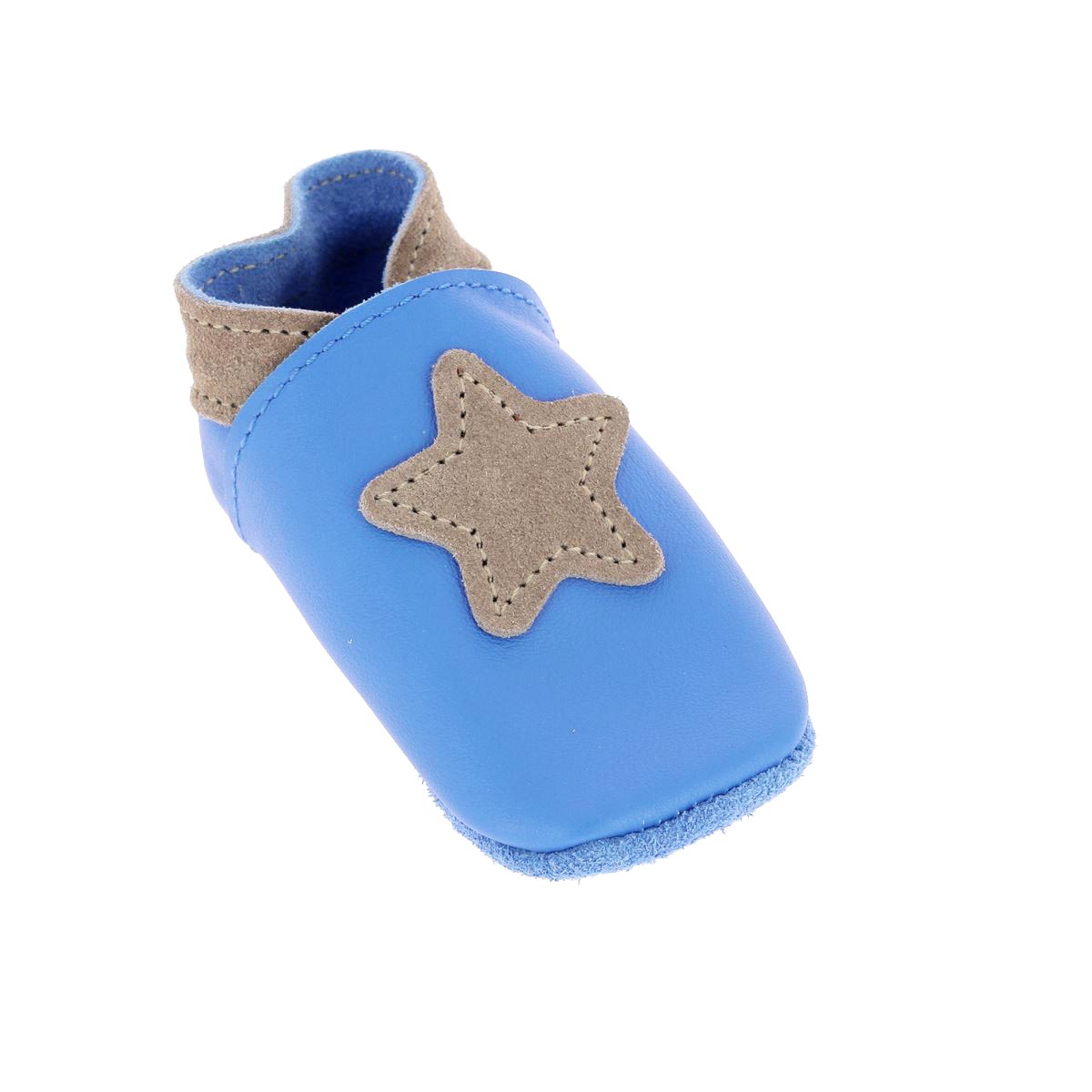 Kit DIY pour chaussons en cuir pour bébé avec étoile, marque Deco Cuir, comprenant matériaux pour créer des chaussons bleus.