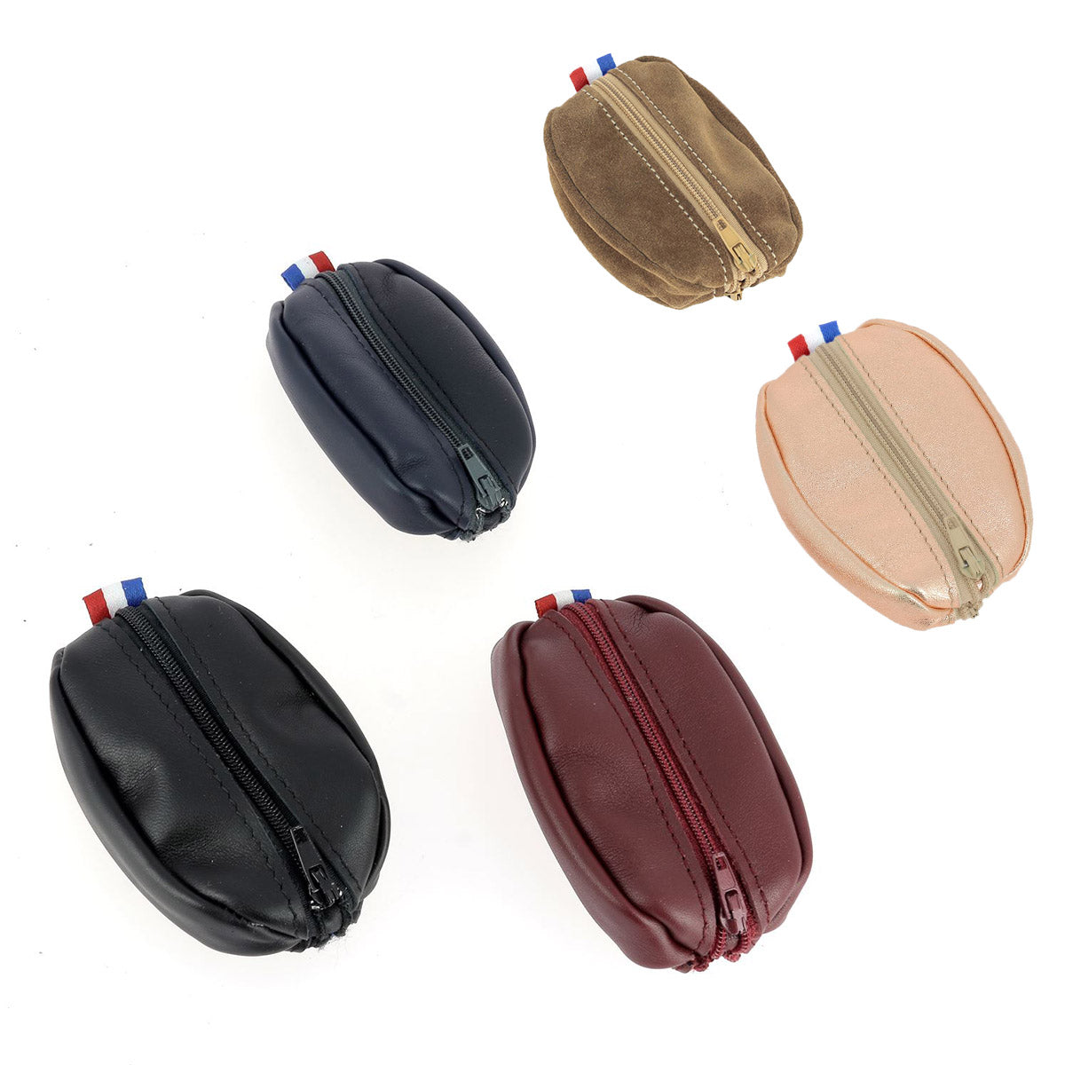 Kit de porte-monnaie en cuir noir avec motif grain de café et drapeau français, fabriqué par Deco Cuir.