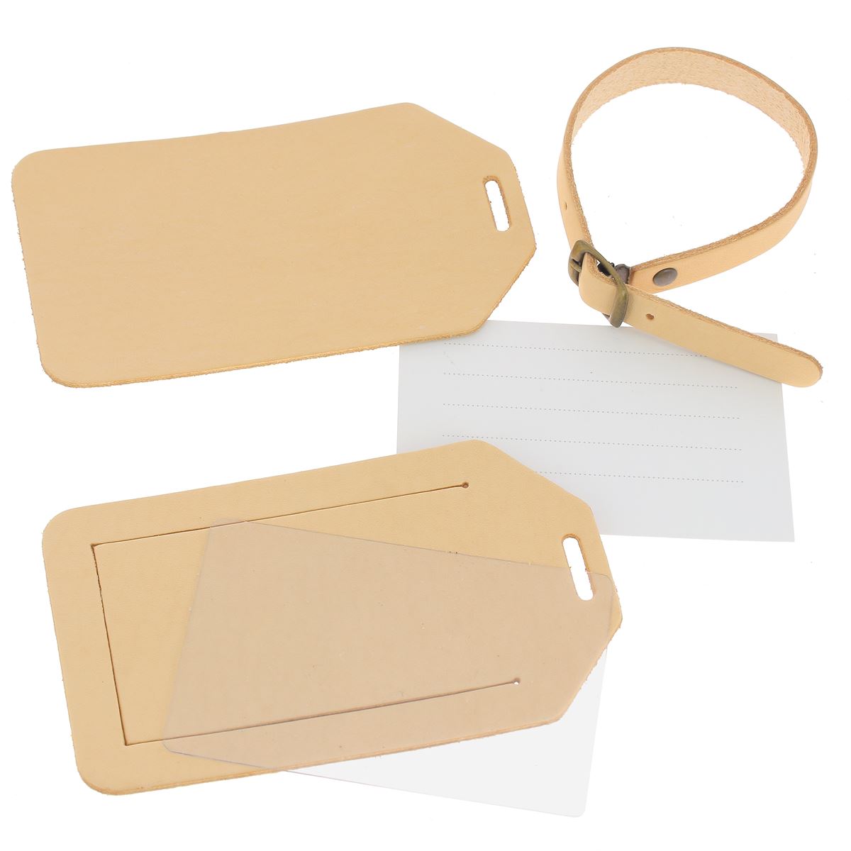 Kit DIY Deco Cuir pour porte étiquette de bagage, création en cuir, avec matériaux pour personnaliser votre étiquette de voyage.