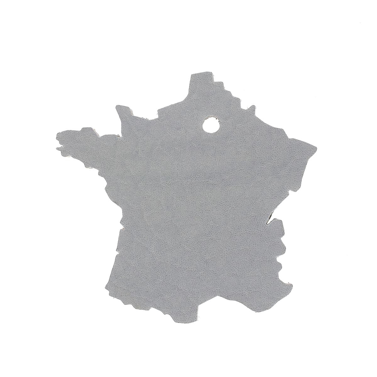 Découpe de cuir Carte de France pour porte-clés en cuir gris, fabriquée par Deco Cuir, illustrée sur fond blanc.