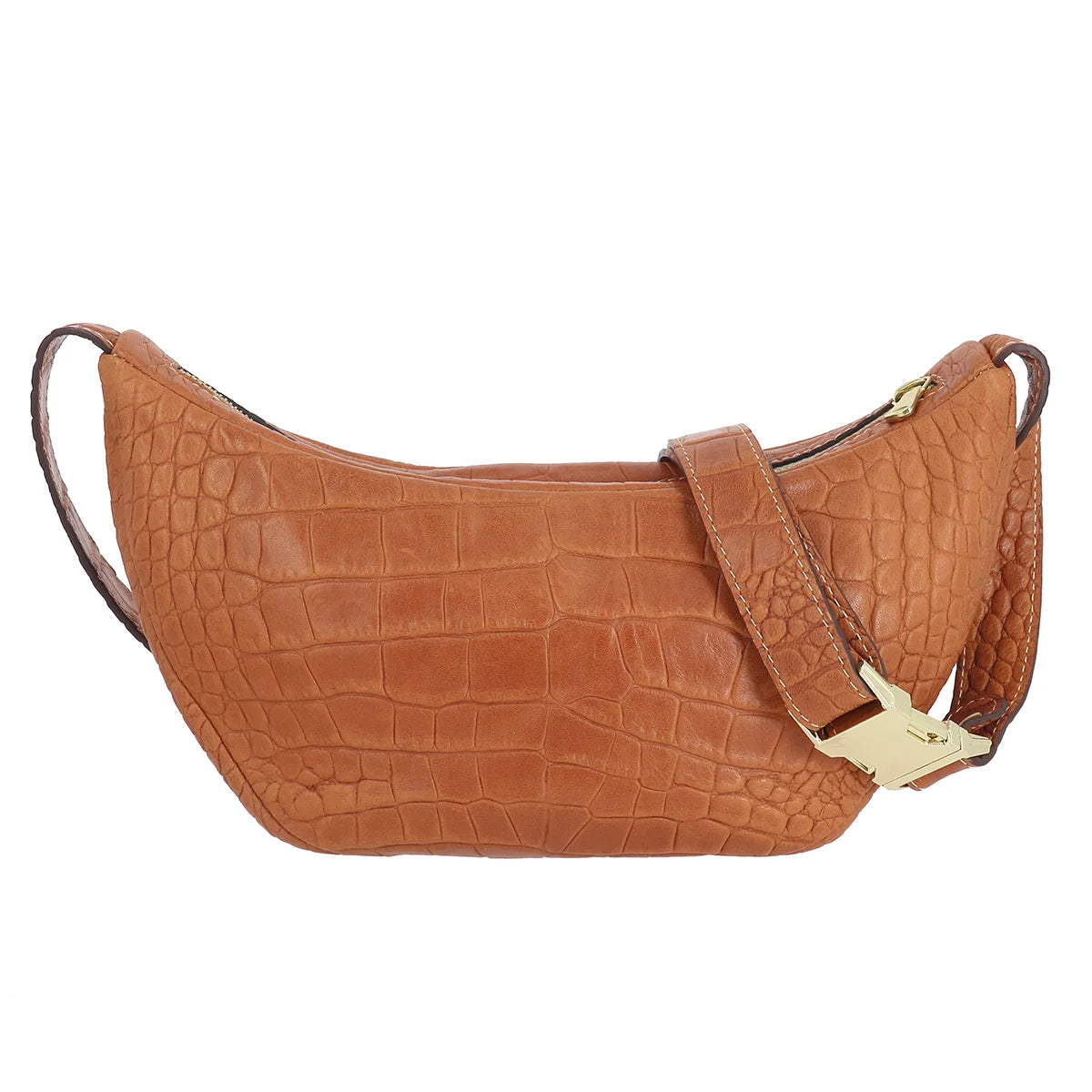 Sac banane en cuir de basane croco cognac - DIY couture sac demi lune