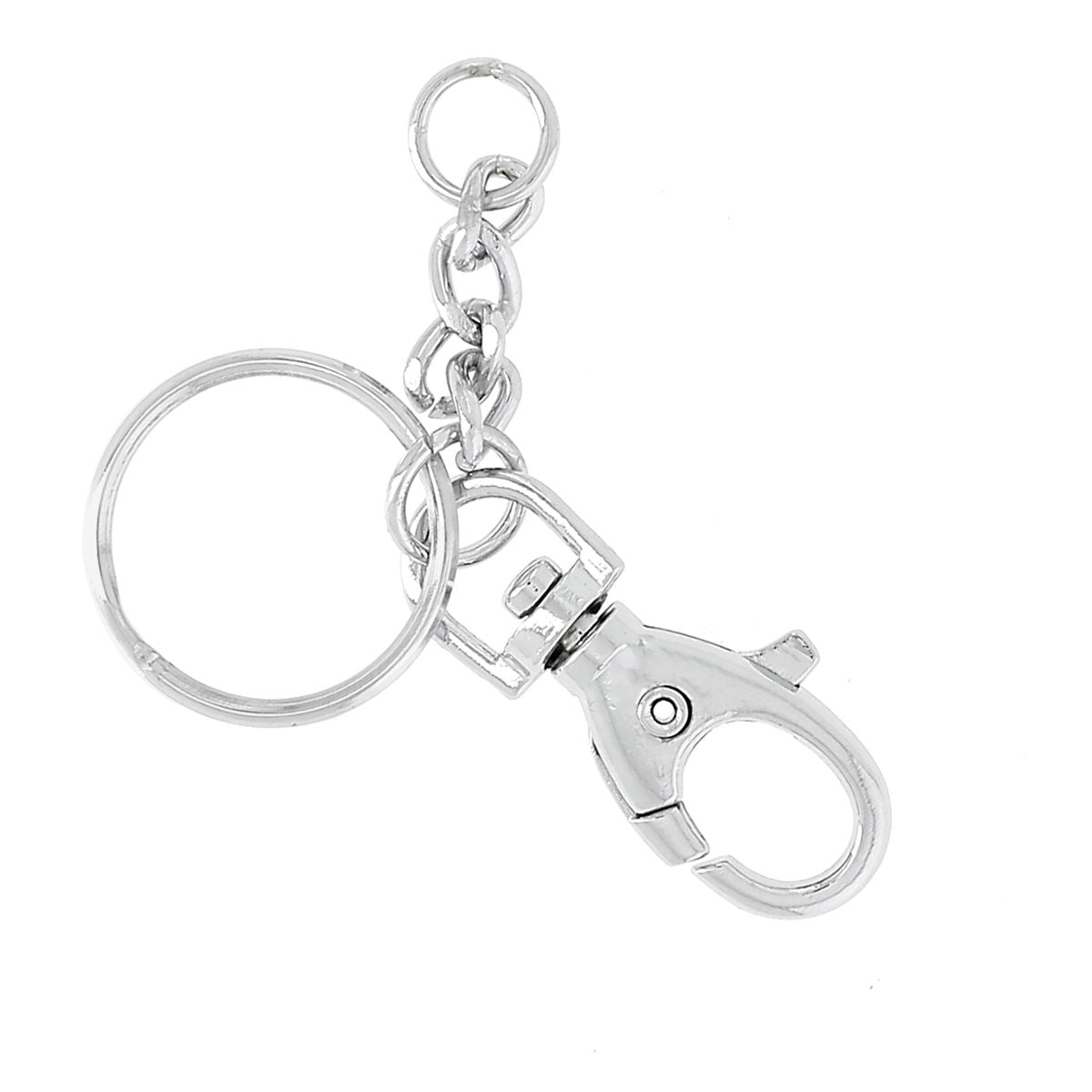 Mousqueton tournant en nickel avec anneau et chaînette, boucle de fixation robuste, pour applications de sécurité ou de décoration.