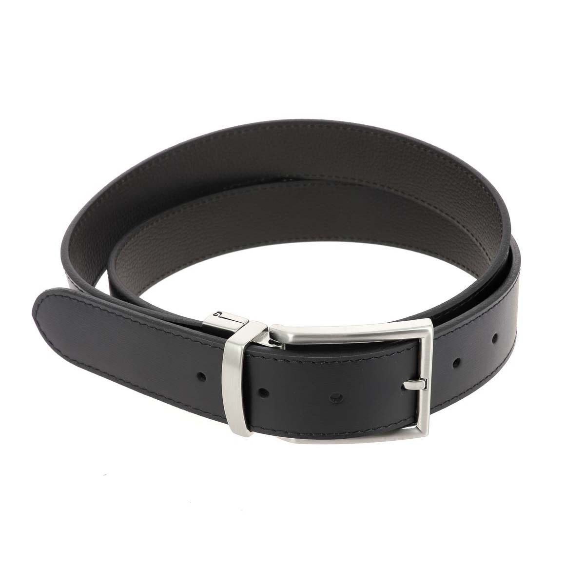 Boucle de ceinture réversible INA en nickelé satiné, 35mm, avec boucle à griffe, fixée sur une ceinture en cuir noir.