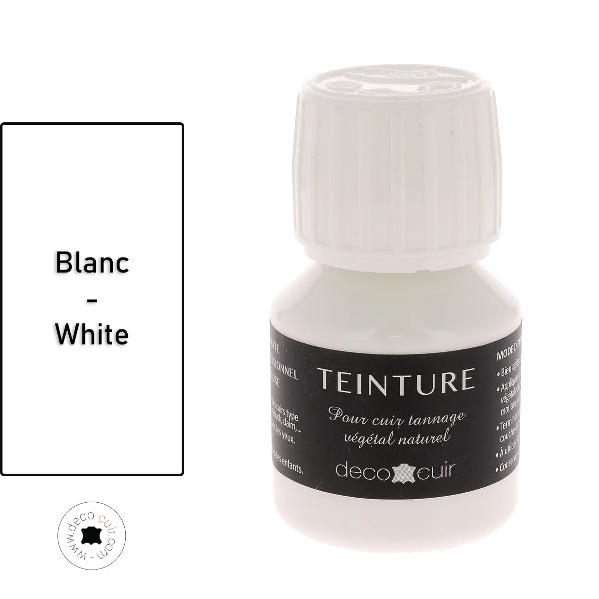 Teinture base aqueuse Deco Cuir en blanc pour cuir, peinture liquide pour rénovation et coloration de cuir.