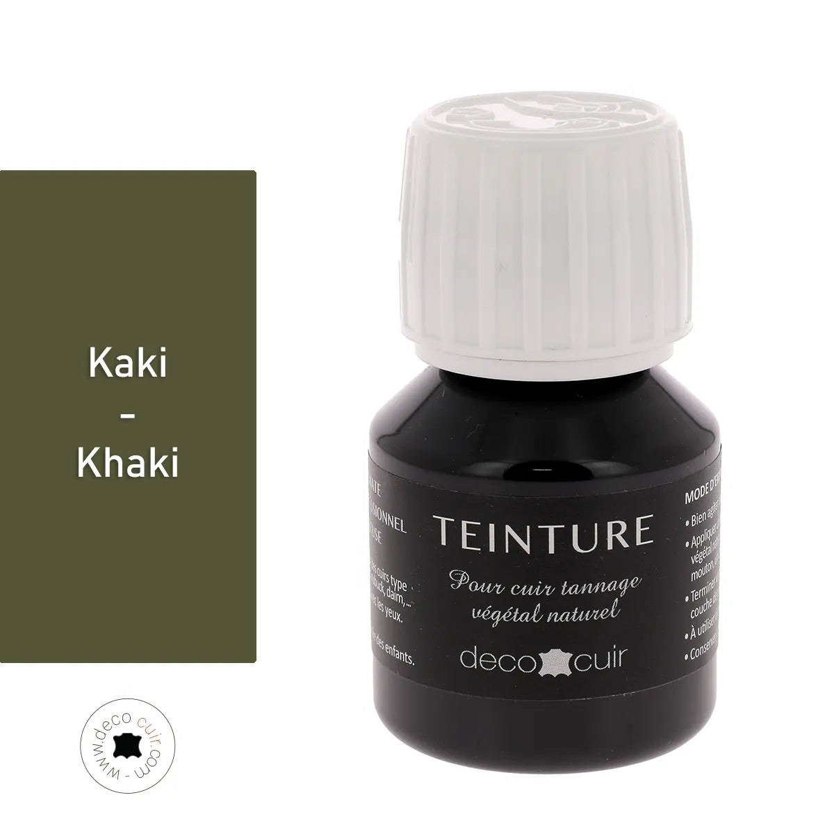 Teinture à base aqueuse Deco Cuir Kaki pour cuir, application de couleur kaki sur surface en cuir.