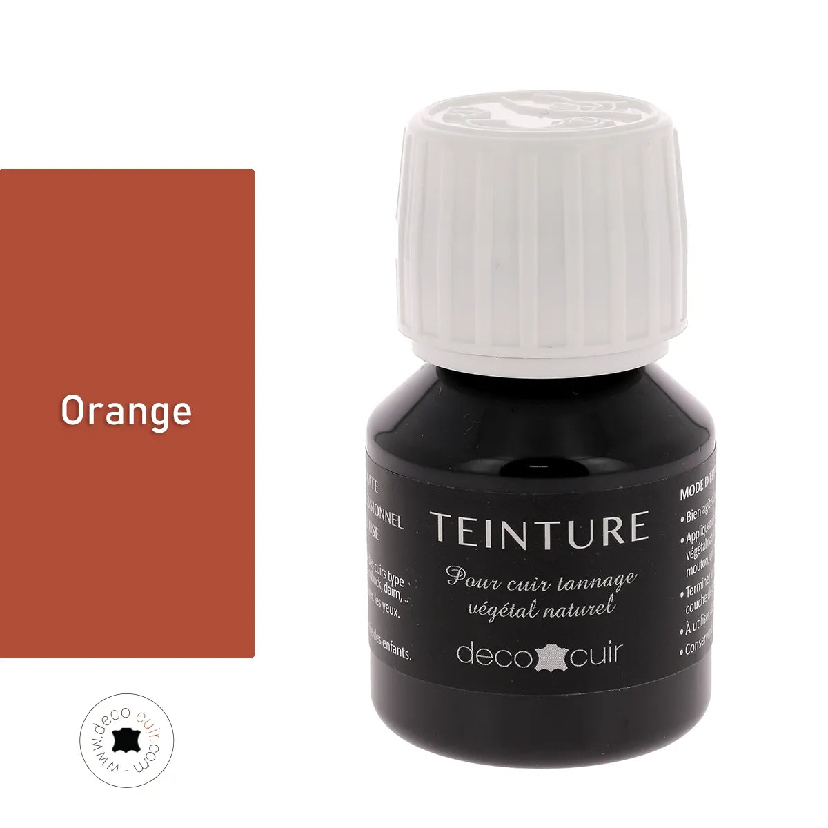 Teinture pour cuir Deco Cuir, base aqueuse, couleur orange, bottle avec étiquette, utilisée pour la rénovation et la coloration du cuir