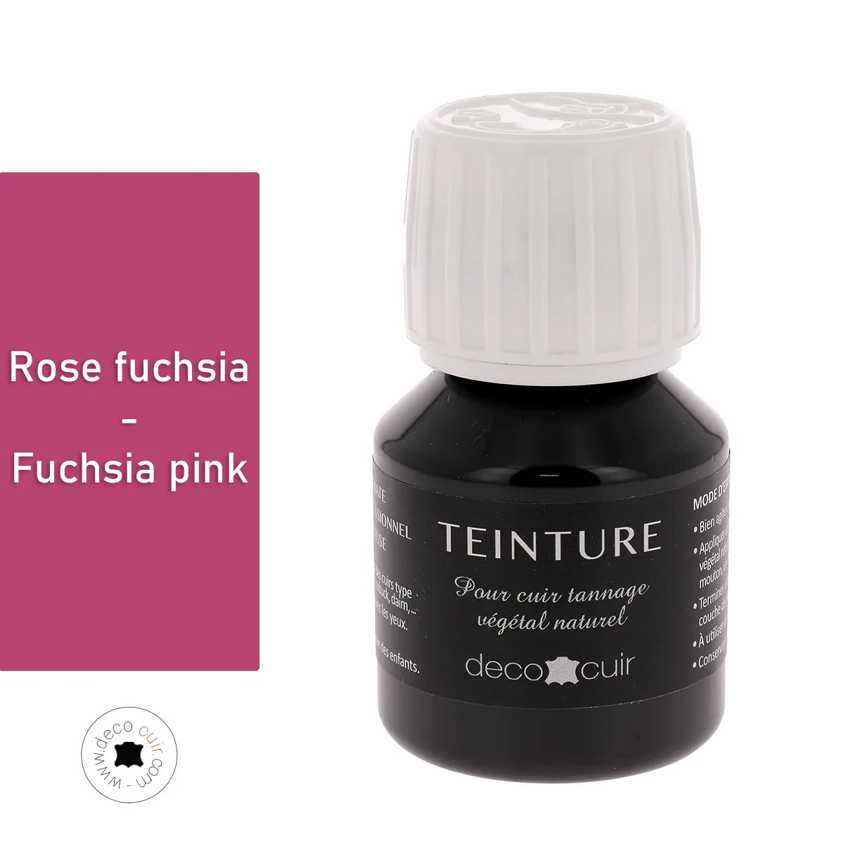 Teinture pour cuir Deco Cuir, base aqueuse, couleur rose fuchsia, application sur surface en cuir, peinture durable et colorée.