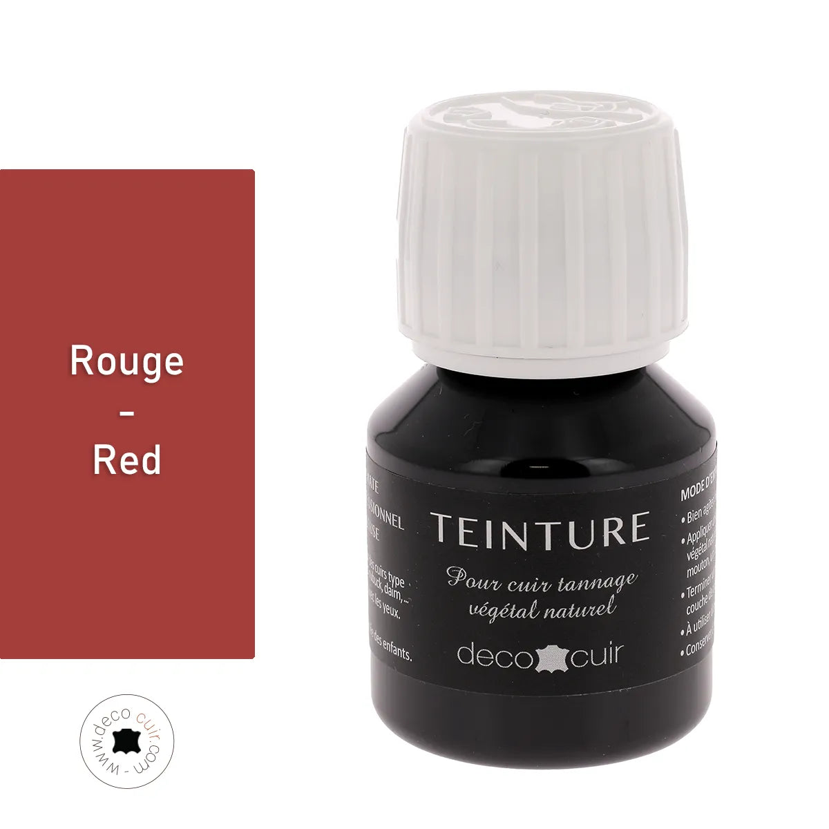 Teinture à base aqueuse Deco Cuir rouge pour cuir, application liquide de couleur vibrante pour la rénovation ou la coloration du cuir.