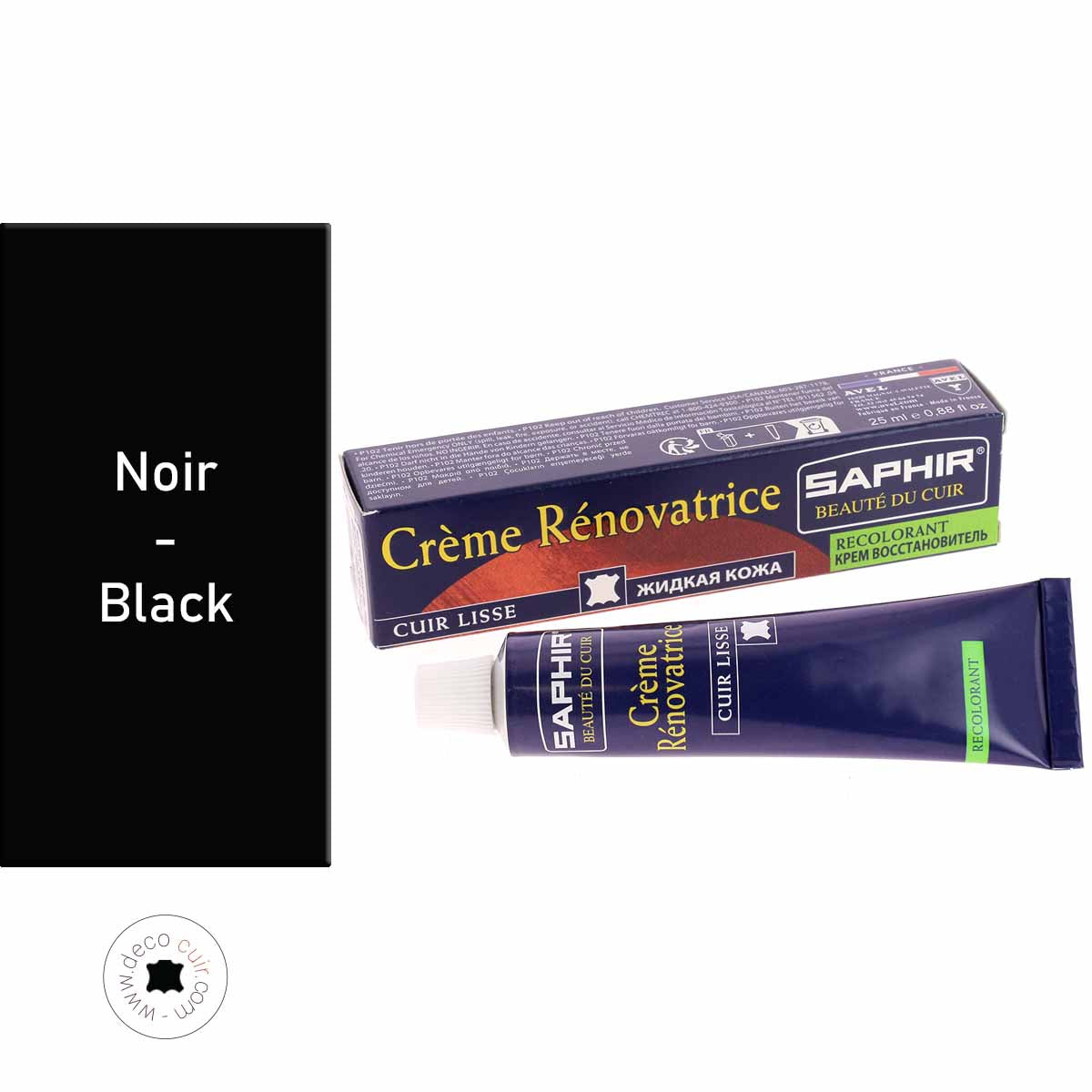Crème rénovatrice recolorante Saphir pour cuir noir, 25 ml, entretien et réparation du cuir avec texture crémeuse.