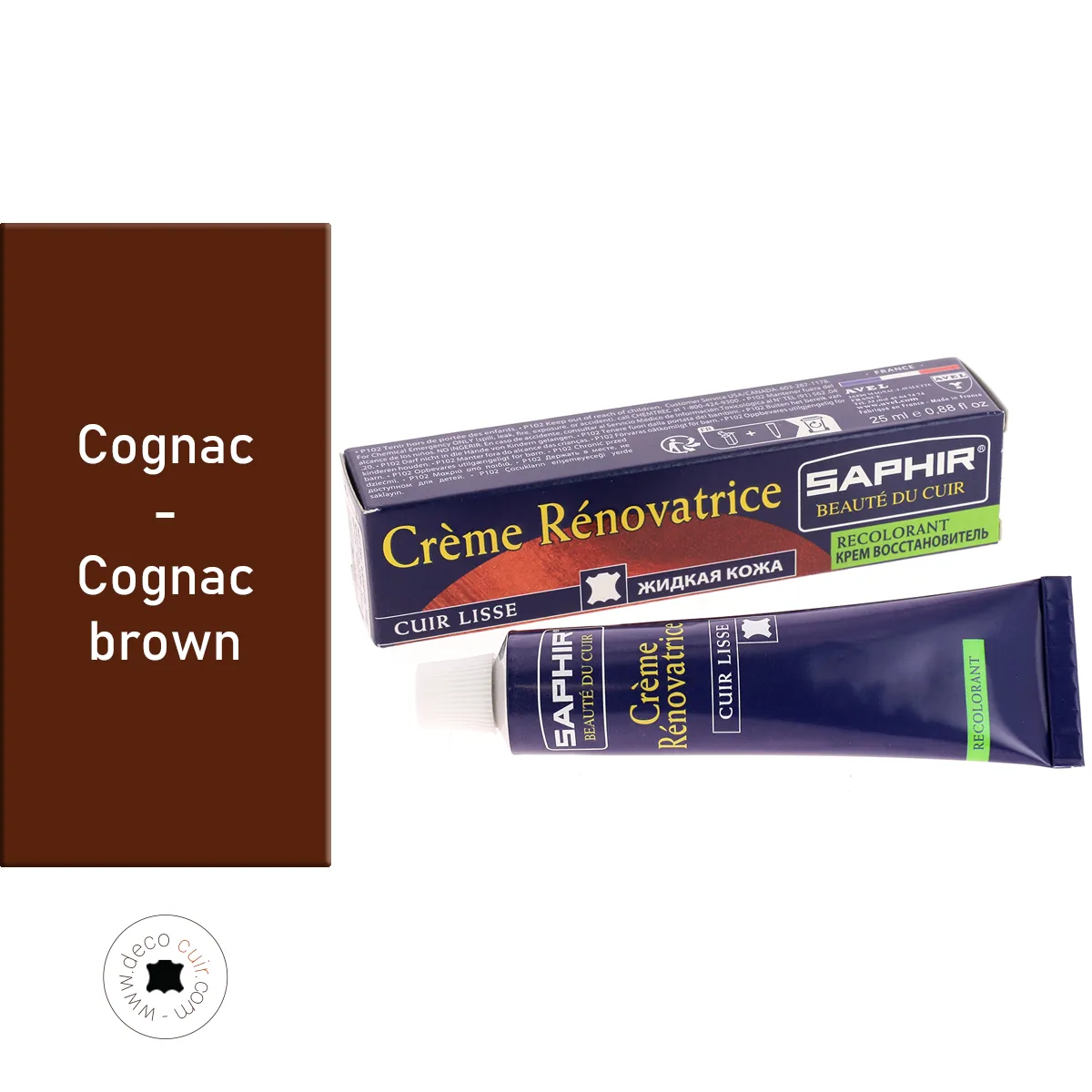 Crème rénovatrice recolorante Saphir pour cuir Cognac, 25 ml, entretien et restauration du cuir avec finition naturelle.