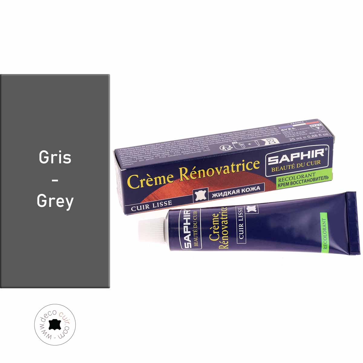 Crème rénovatrice recolorante Saphir pour cuir gris, 25 ml, entretien du cuir, texture crémeuse et applicateur inclus.