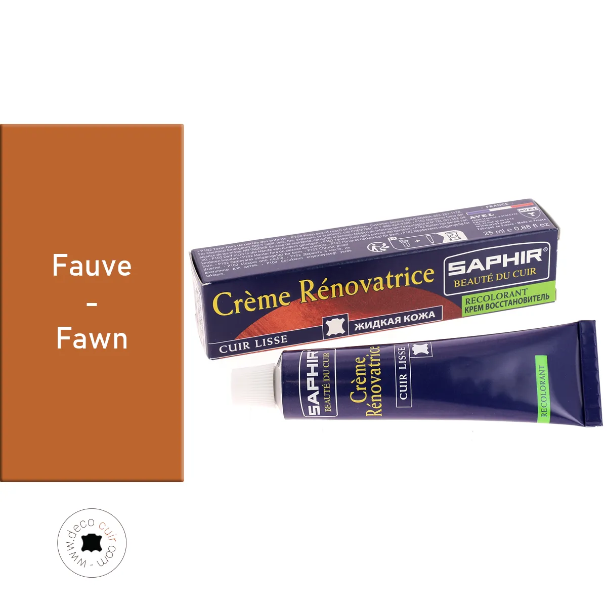 Crème rénovatrice recolorante Saphir FAUVE 19 pour l'entretien du cuir, en tube de 25 ml, en application sur un cuir.