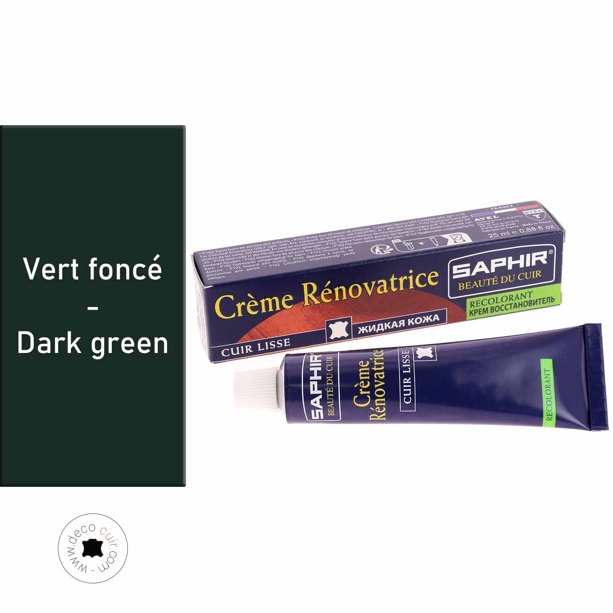Crème rénovatrice recolorante Saphir pour cuir vert foncé, 25 ml, entretien et restauration du cuir.