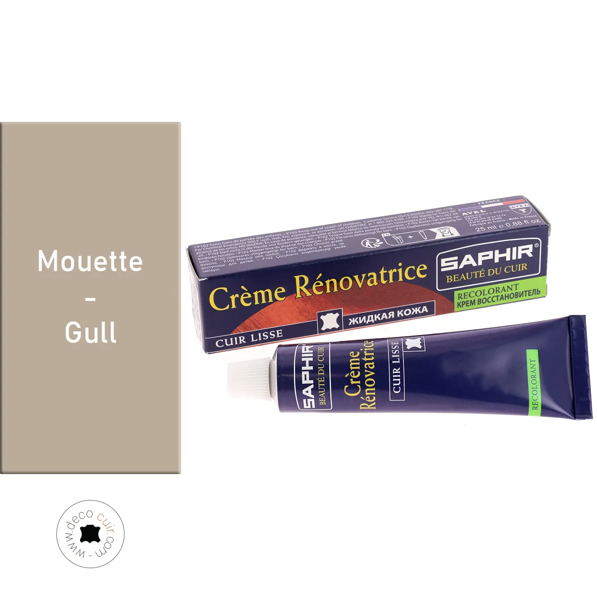 Crème rénovatrice recolorante Saphir Mouette pour l'entretien du cuir, 25 ml, application pour restaurer la couleur et la brillance.