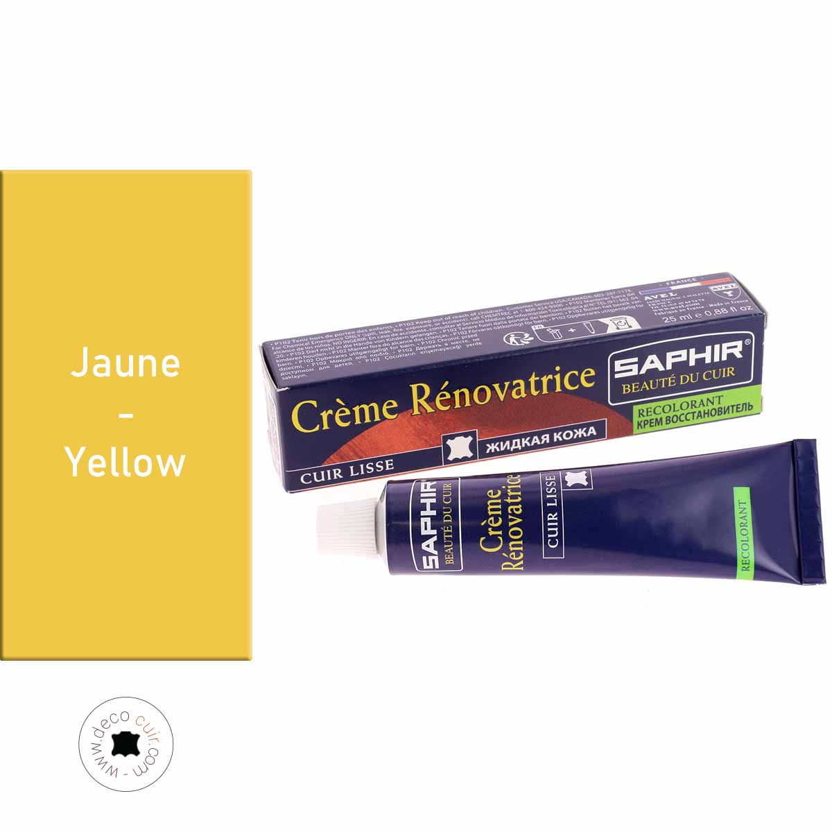 Crème rénovatrice pour cuir Saphir Jaune 53, 25 ml, entretien du cuir, texture crémeuse et couleur jaune vif visible dans l'image.