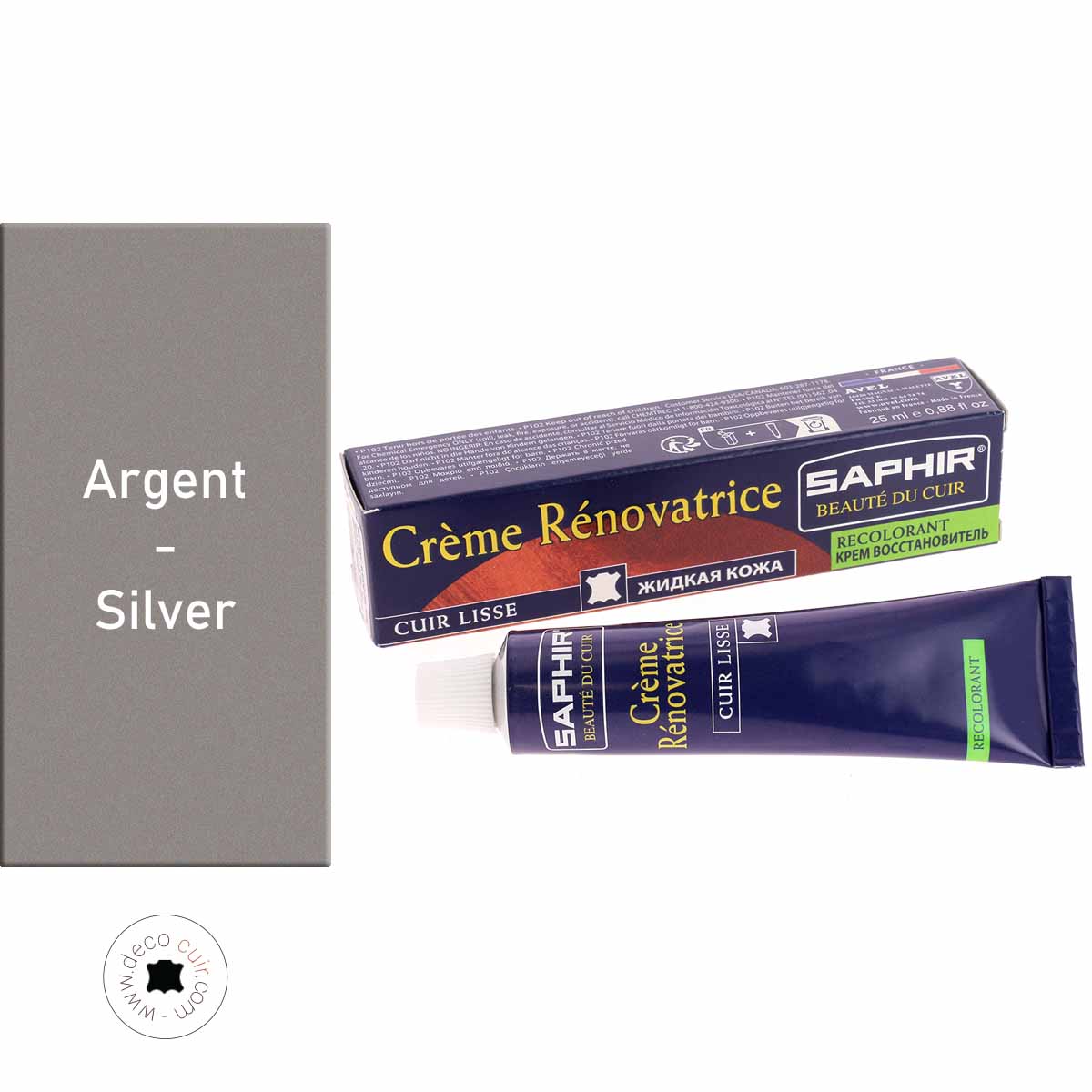 Crème rénovatrice recolorante Saphir Argent pour l’entretien du cuir, 25 ml, texture onctueuse et applicateur inclus.