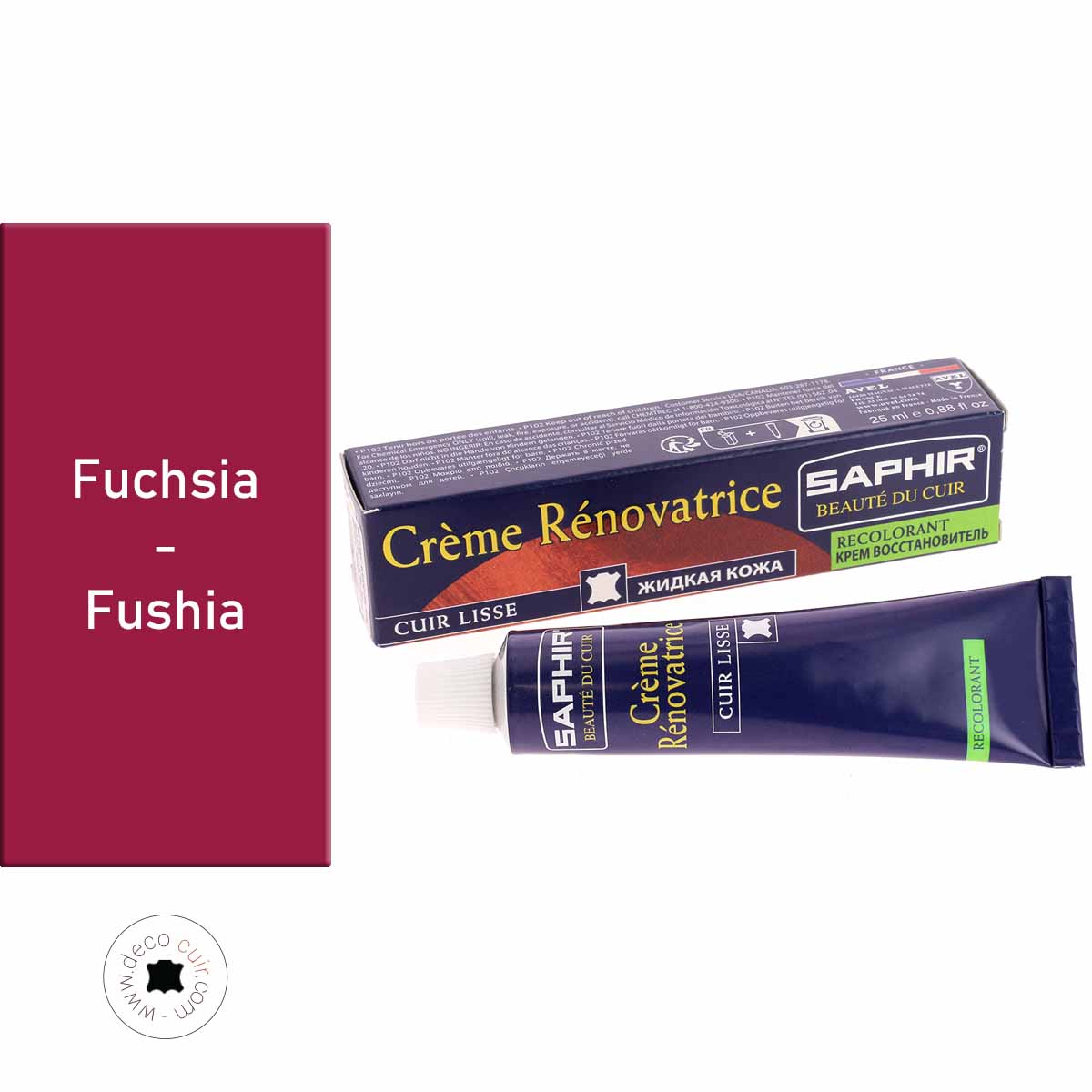 Crème rénovatrice recolorante Saphir Fuchsia 93 pour l'entretien du cuir, tube de 25 ml, application sur cuir coloré.