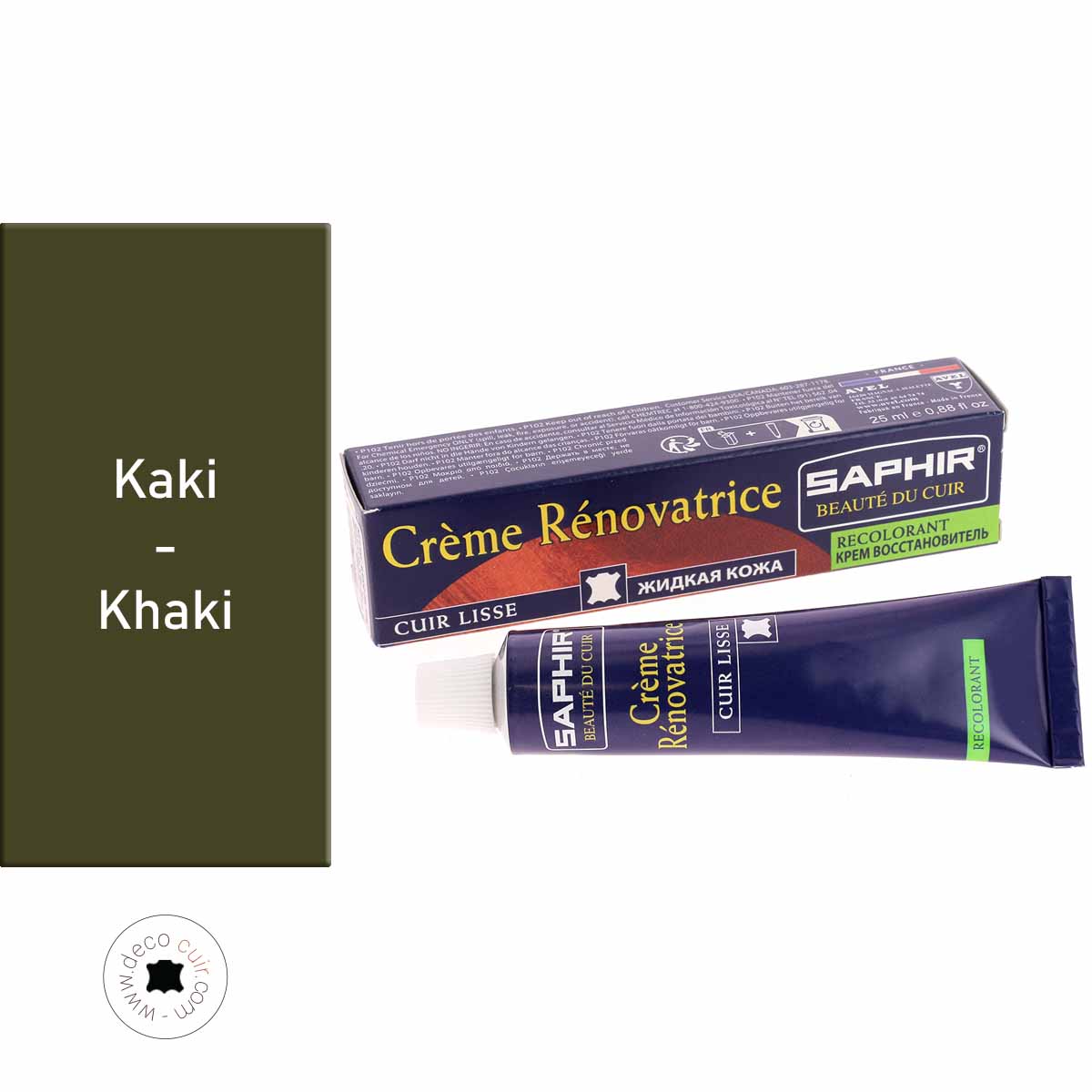 Crème rénovatrice recolorante Saphir pour cuir Kaki, soin d'entretien du cuir, flacon de 25 ml, application visible.