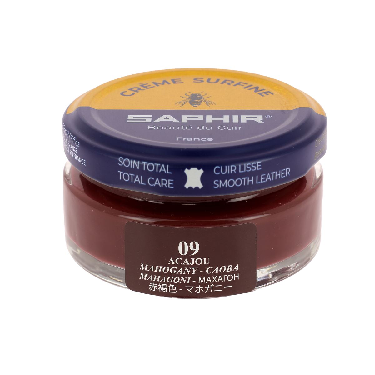 Crème pour cuir Surfine Saphir ACAJOU 09, soin d'entretien du cuir, pot de 50ml avec couvercle, couleur acajou.