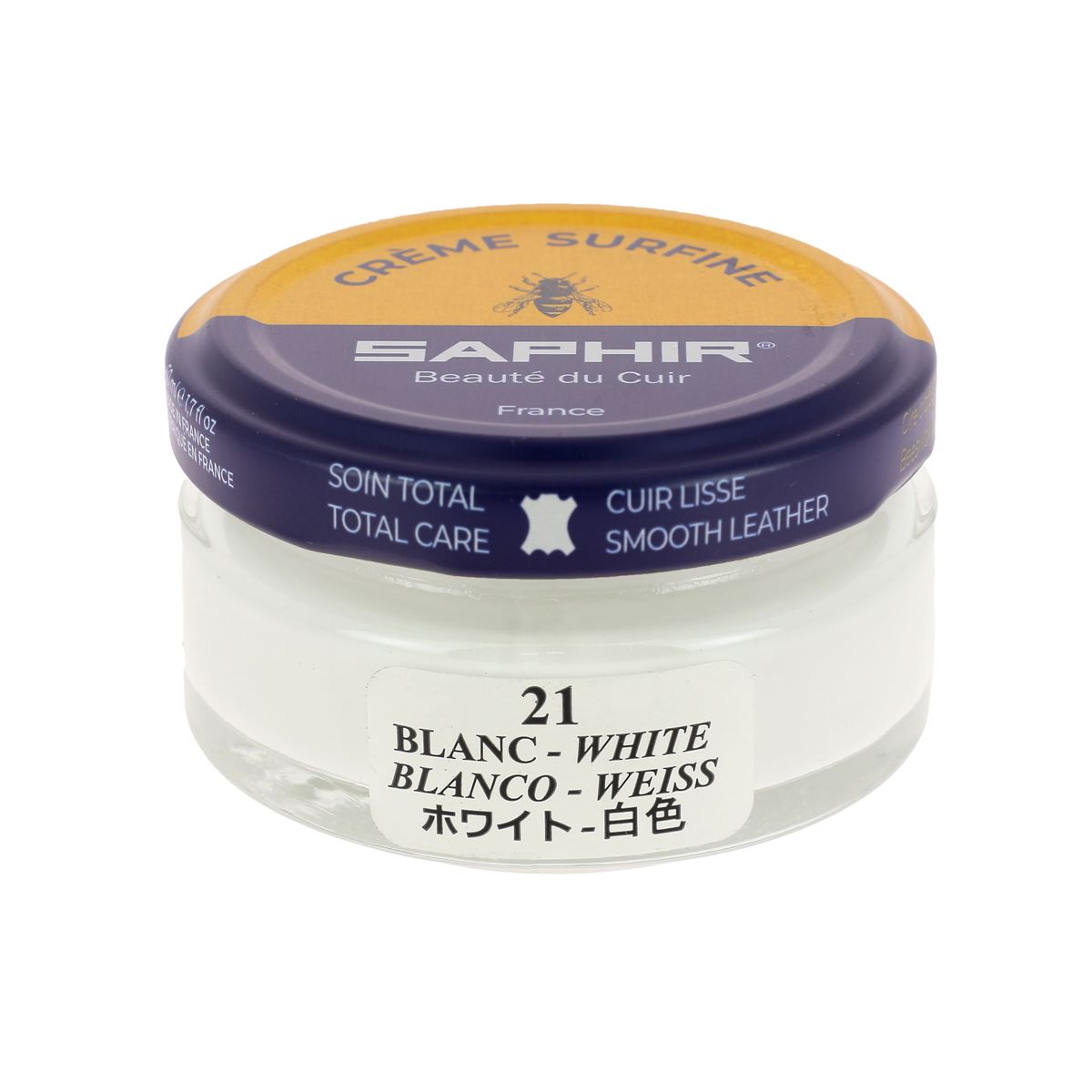 Crème Saphir Surfine pour cuir blanc de 50 ml, soin d'entretien du cuir avec texture douce et finition élégante.