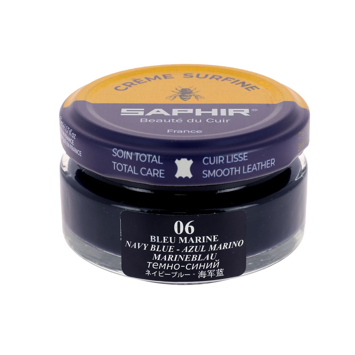 Crème d'entretien du cuir Saphir Surfine 50ml, couleur bleu marine, pour nourrir et protéger le cuir.