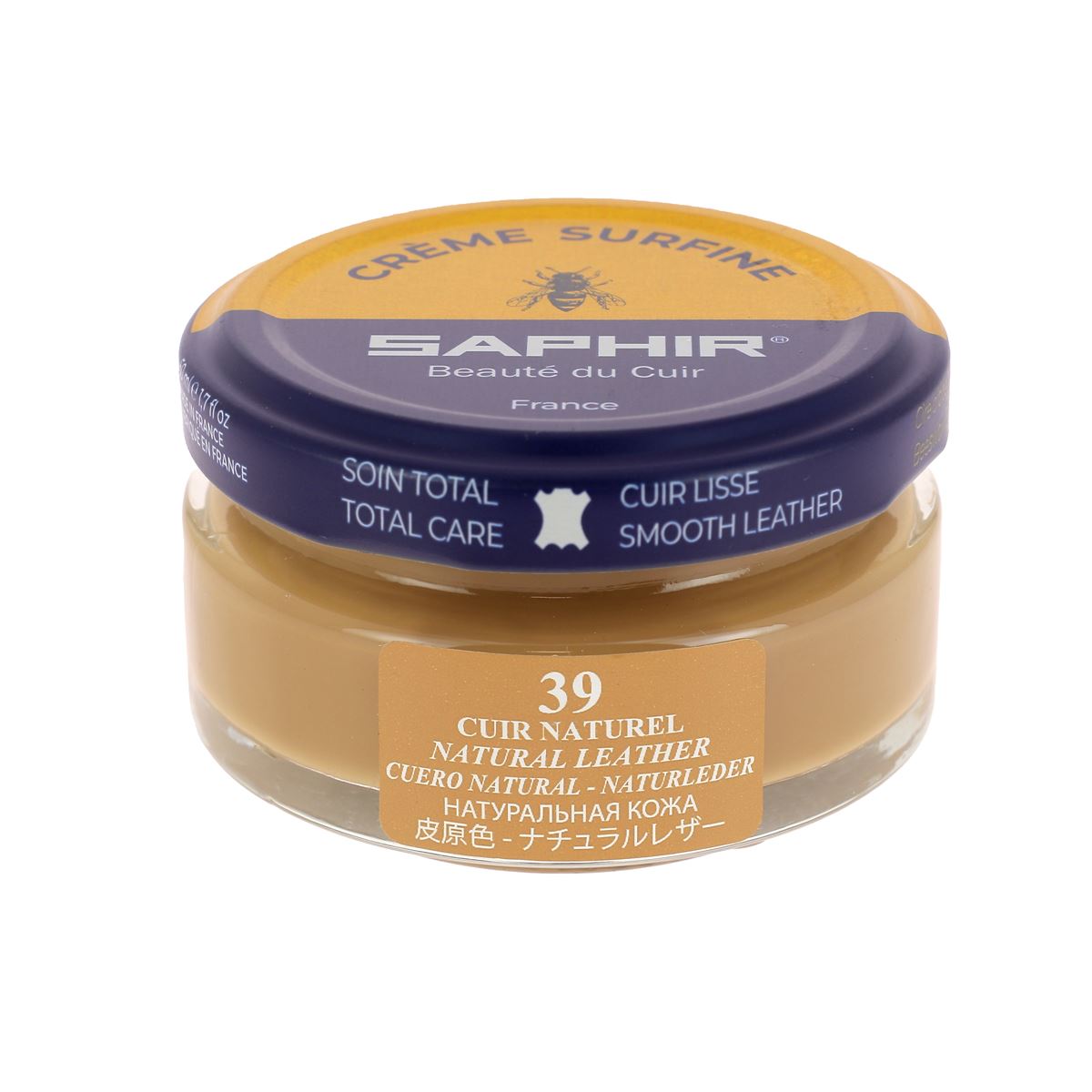 Crème Saphir Surfine pour cuir naturel de 50ml, idéale pour l'entretien du cuir souple et brillant.
