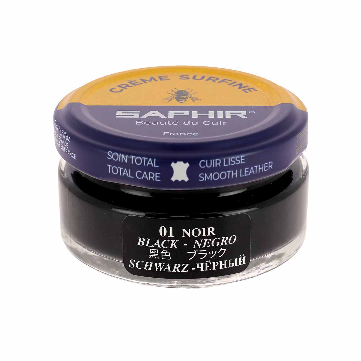 Crème Saphir Surfine pour cuir noir de 50ml, soin d'entretien du cuir, texture riche pour protection et revitalisation.