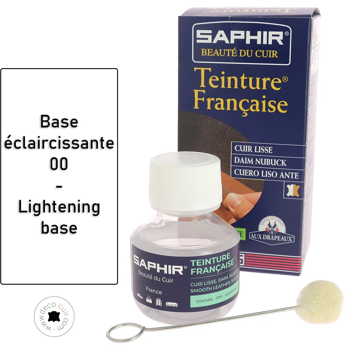 Teinture française Saphir 50ml, base éclaircissante 00, dans un flacon avec étiquette, pour teintures et peintures.