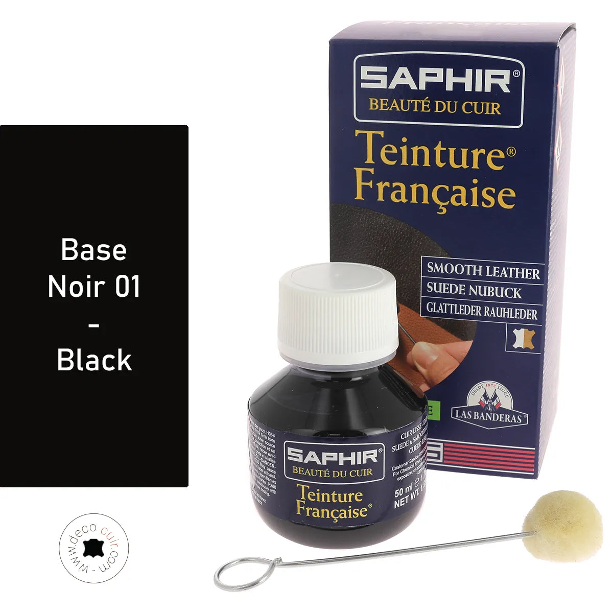 Teinture française Saphir 50ml, base noire 01, peinture pour cuir ou artisanat, liquide noir profond, emballage compact
