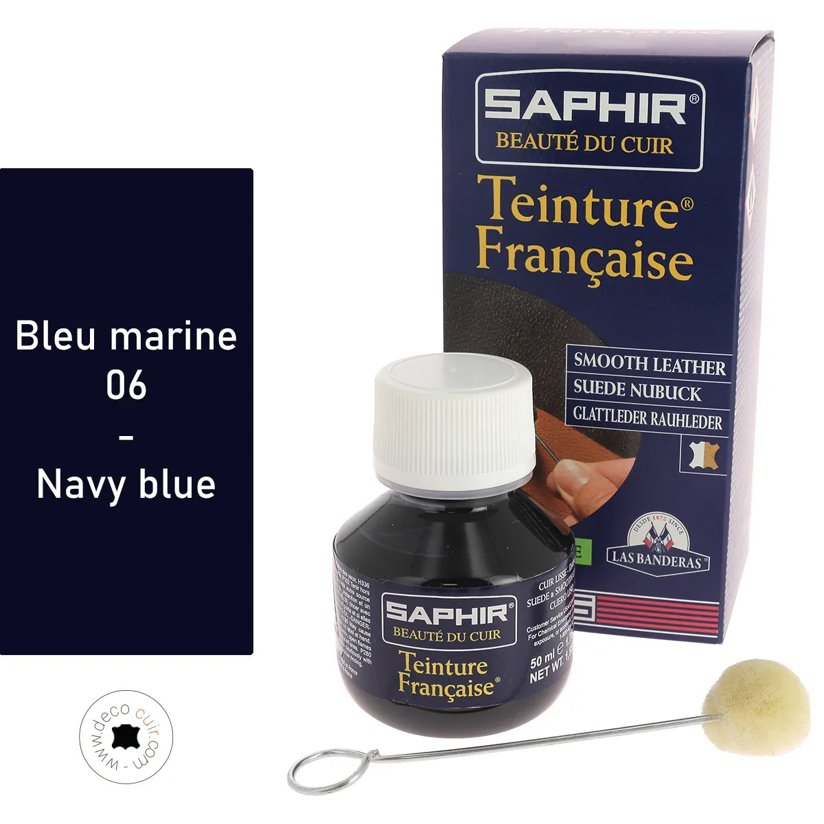 Teinture française Saphir 50ml en bleu marine, peinture pour cuir, finition élégante et durable.