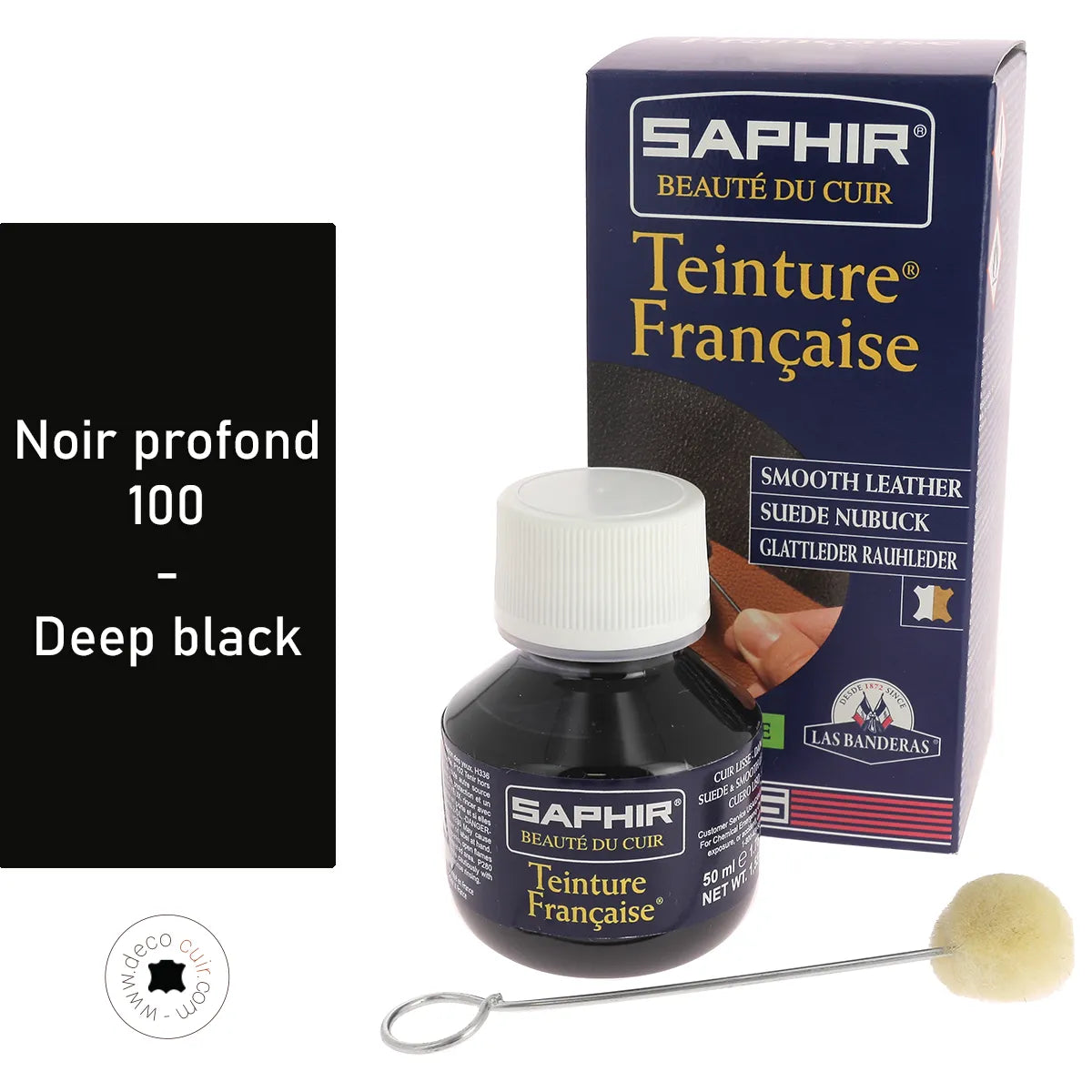 Teinture française Saphir 50ml couleur noir profond, pour teintures et peintures, dans un flacon avec étiquette.