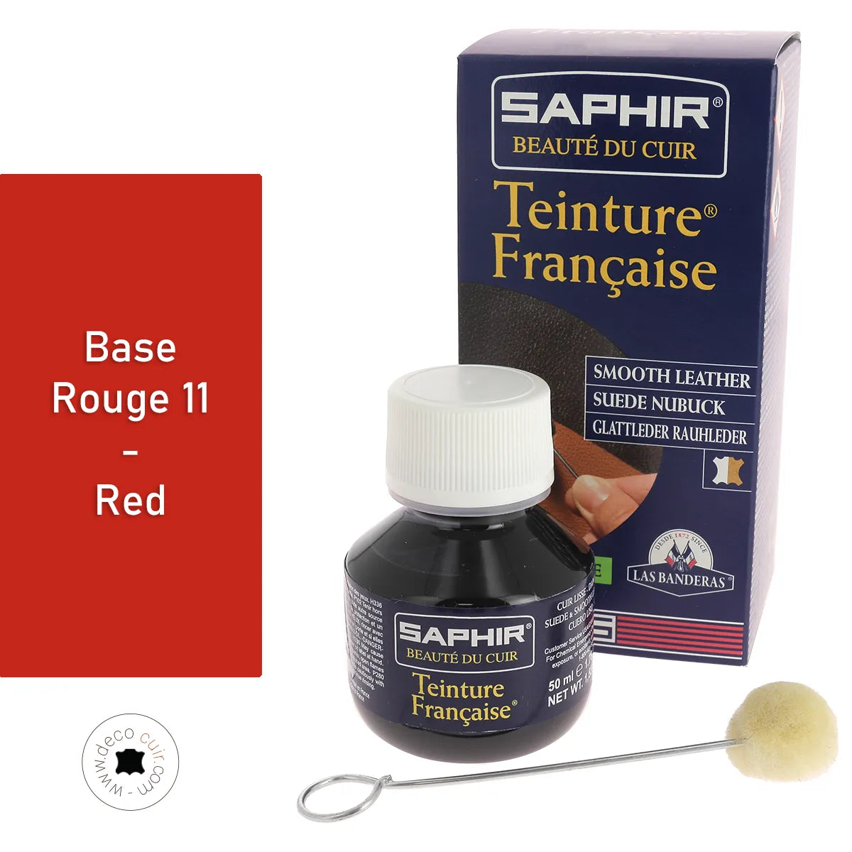 Teinture française Saphir 50ml avec base rouge 11, liquide colorant pour cuir ou artisanat, dans un flacon.