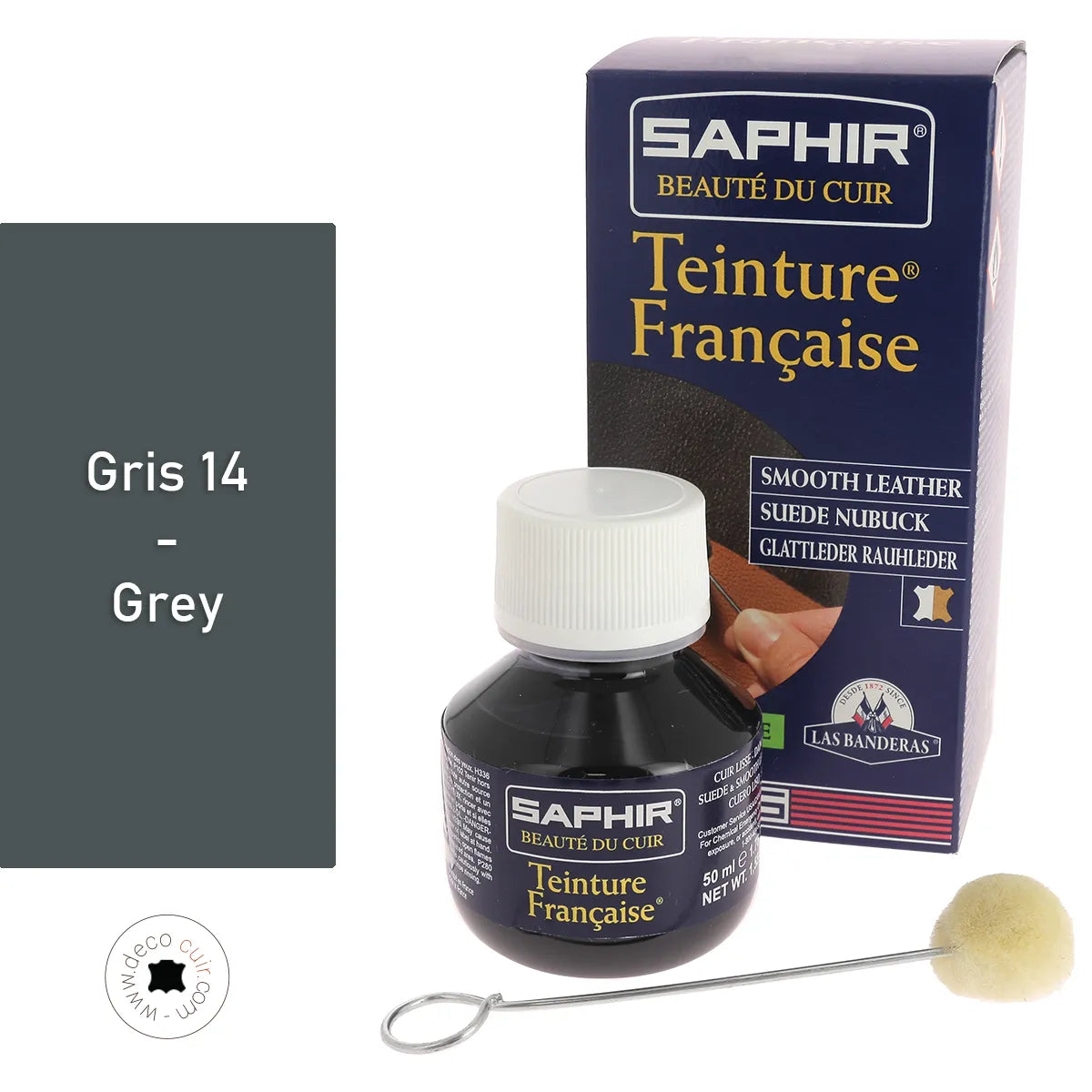 Teinture française Saphir 50ml Gris 14, produit pour teintures et peintures, contenant un flacon de teinture de couleur gris.