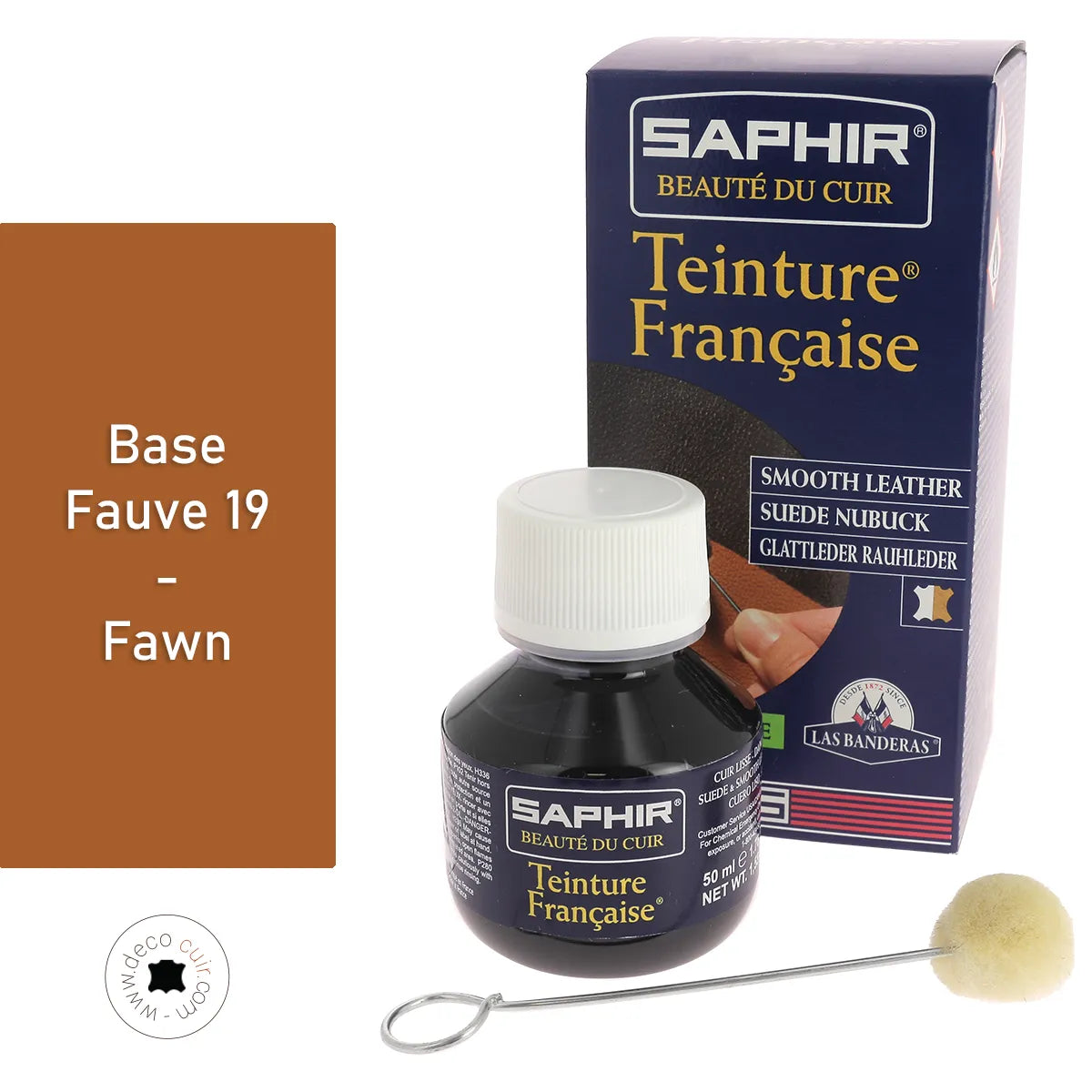 Teinture française Saphir 50ml, couleur fauve, pour cuir ou artisanat, dans un flacon avec étiquette, vue de face.
