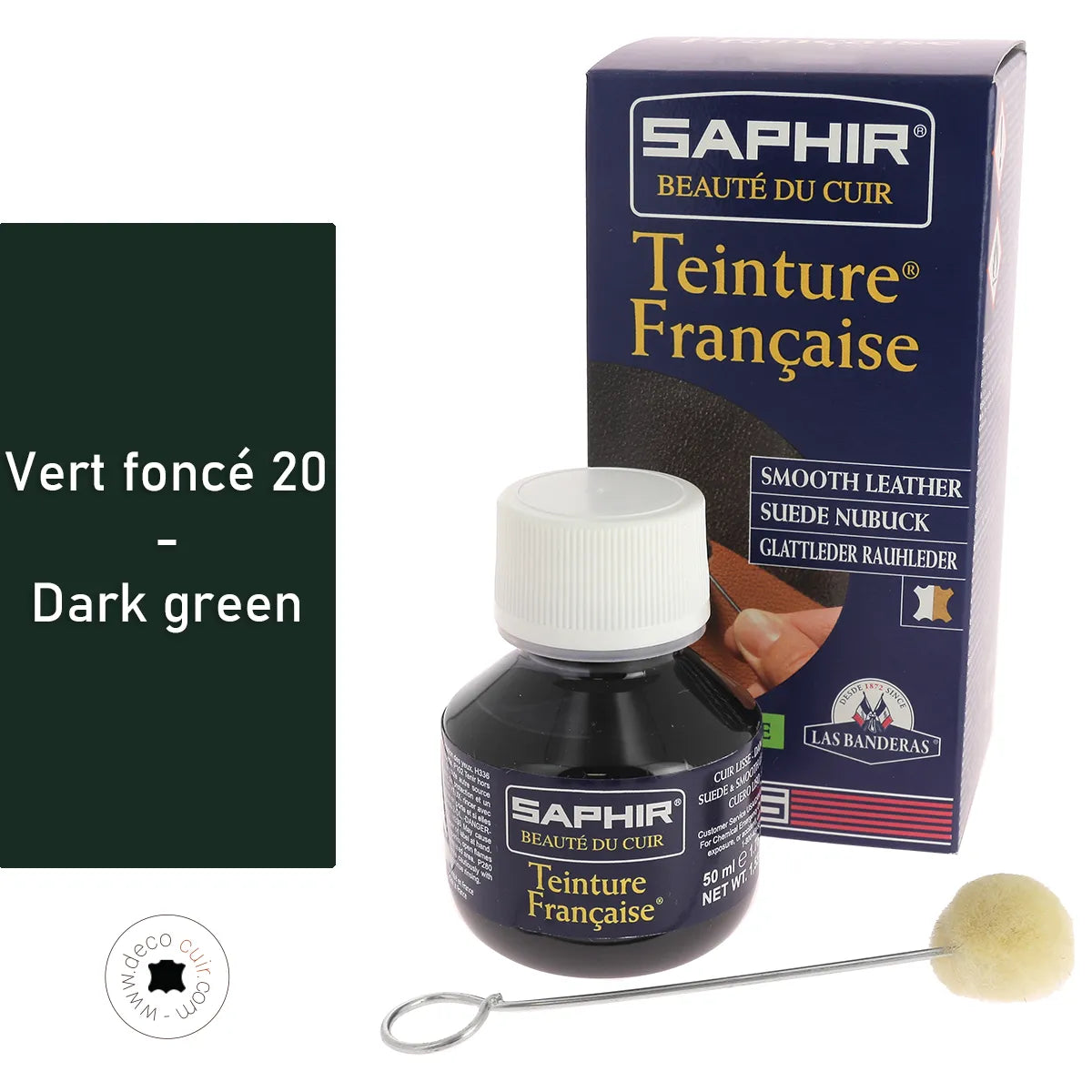 Teinture française Saphir 50ml vert foncé pour cuir, finition riche et profonde, dans un flacon élégant.