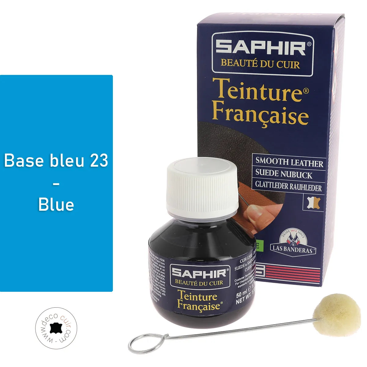 Teinture française Saphir 50ml, base bleu 23, dans un flacon, pour teintures et peintures, couleur bleue vibrante.