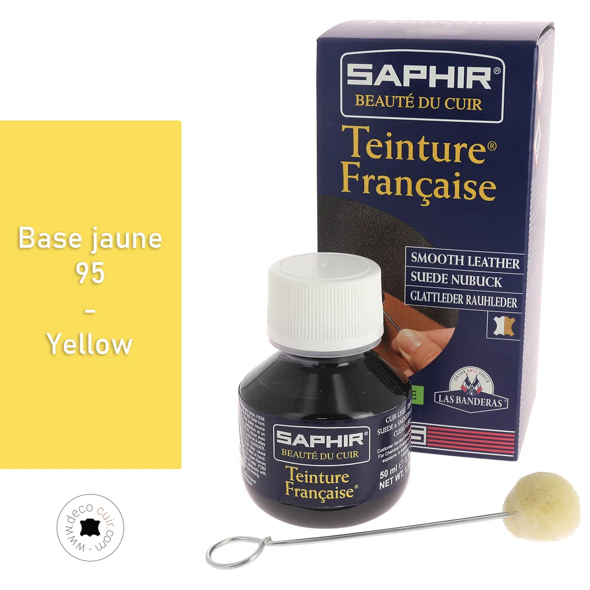 Teinture française Saphir 50ml, base jaune 95, pour teintures et peintures, flacon avec étiquette jaune, visible sur l'image.