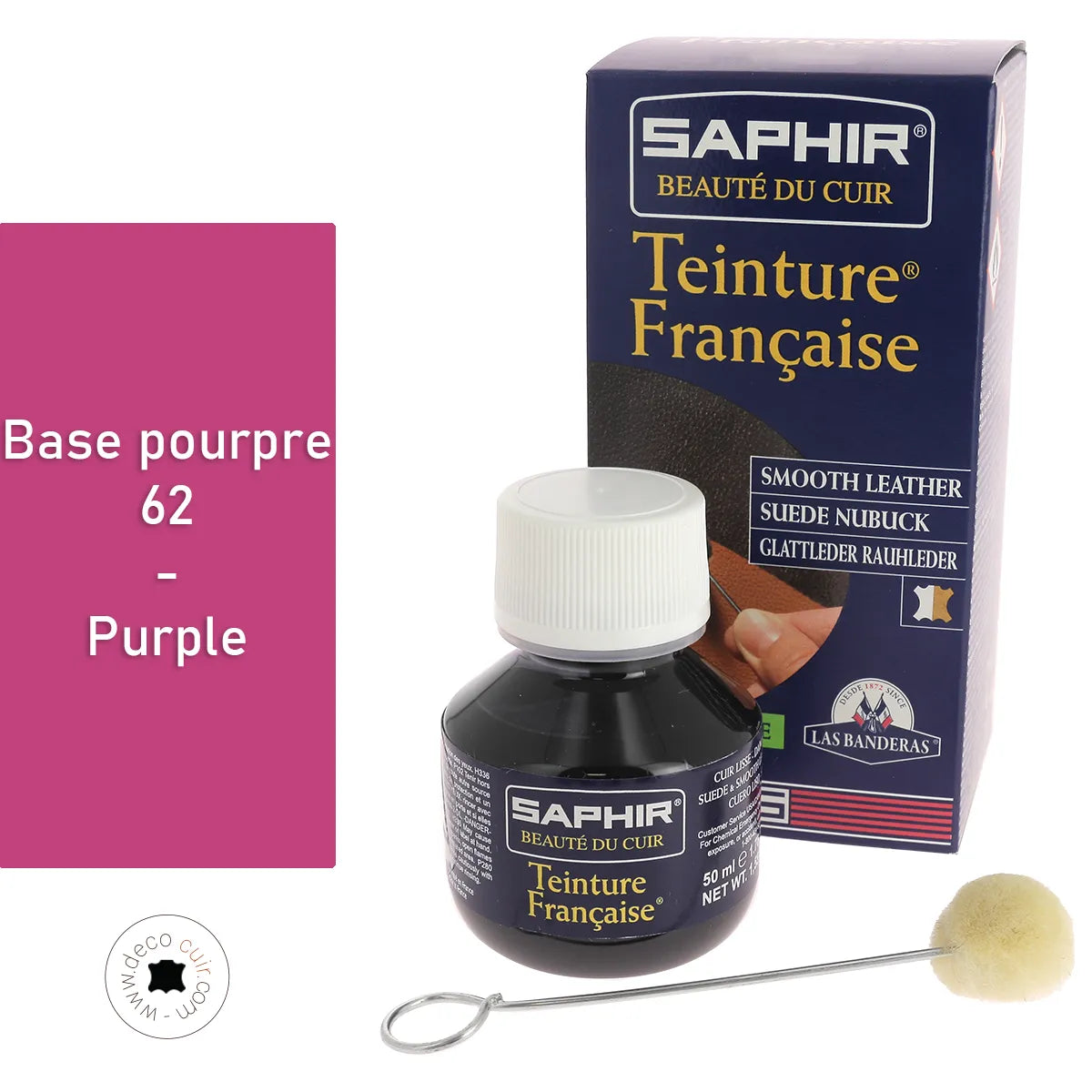 Teinture française Saphir 50ml, couleur pourpre, base pour teintures et peintures, contenant dans un flacon.