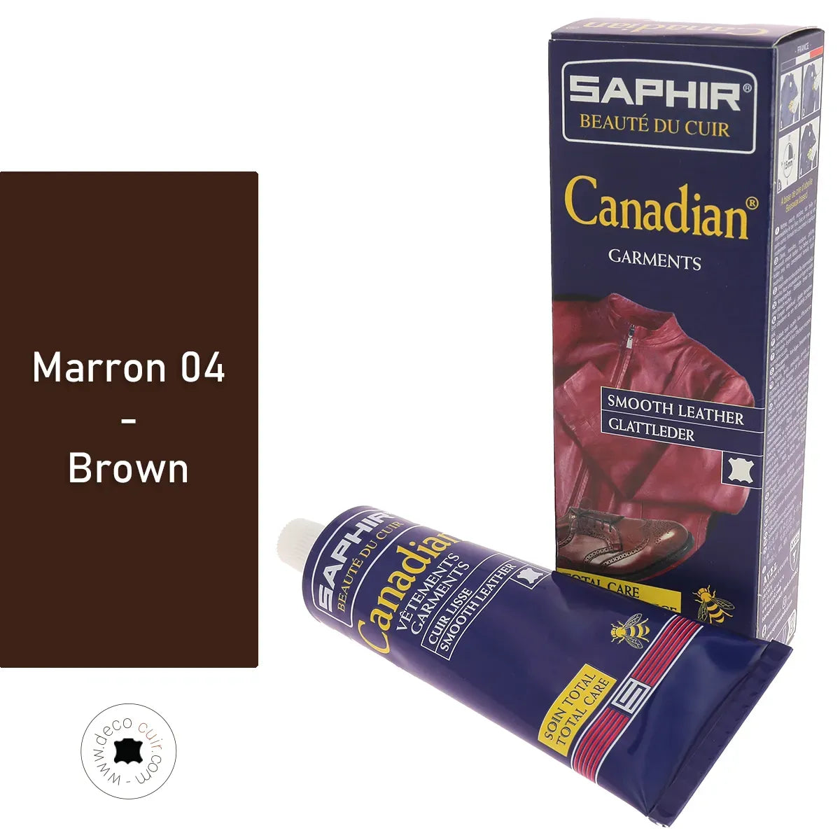 Crème Saphir Canadian pour cuir marron 75ml, soin d'entretien du cuir, application et finition du cuir marron.